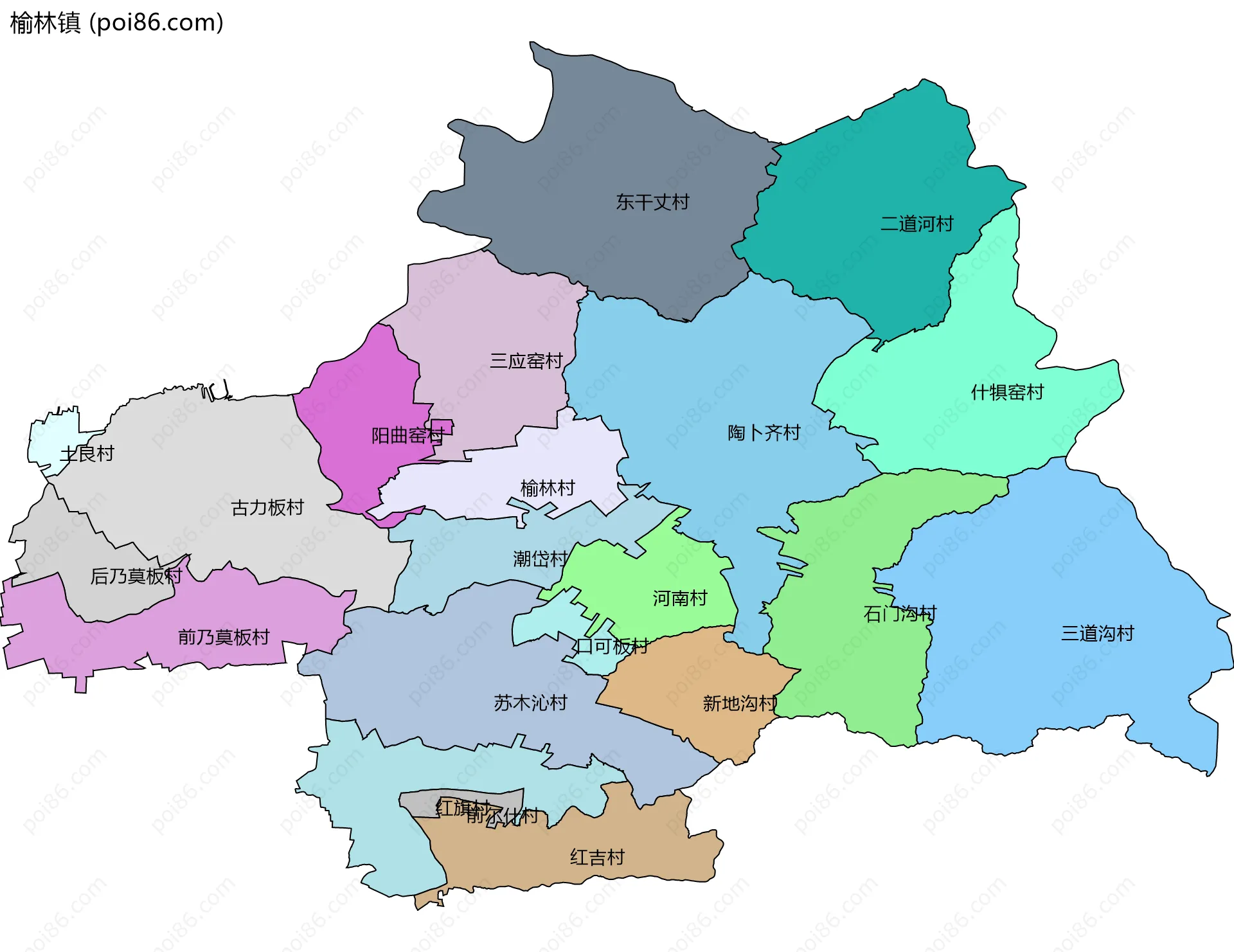 榆林镇边界地图(五级行政区划)