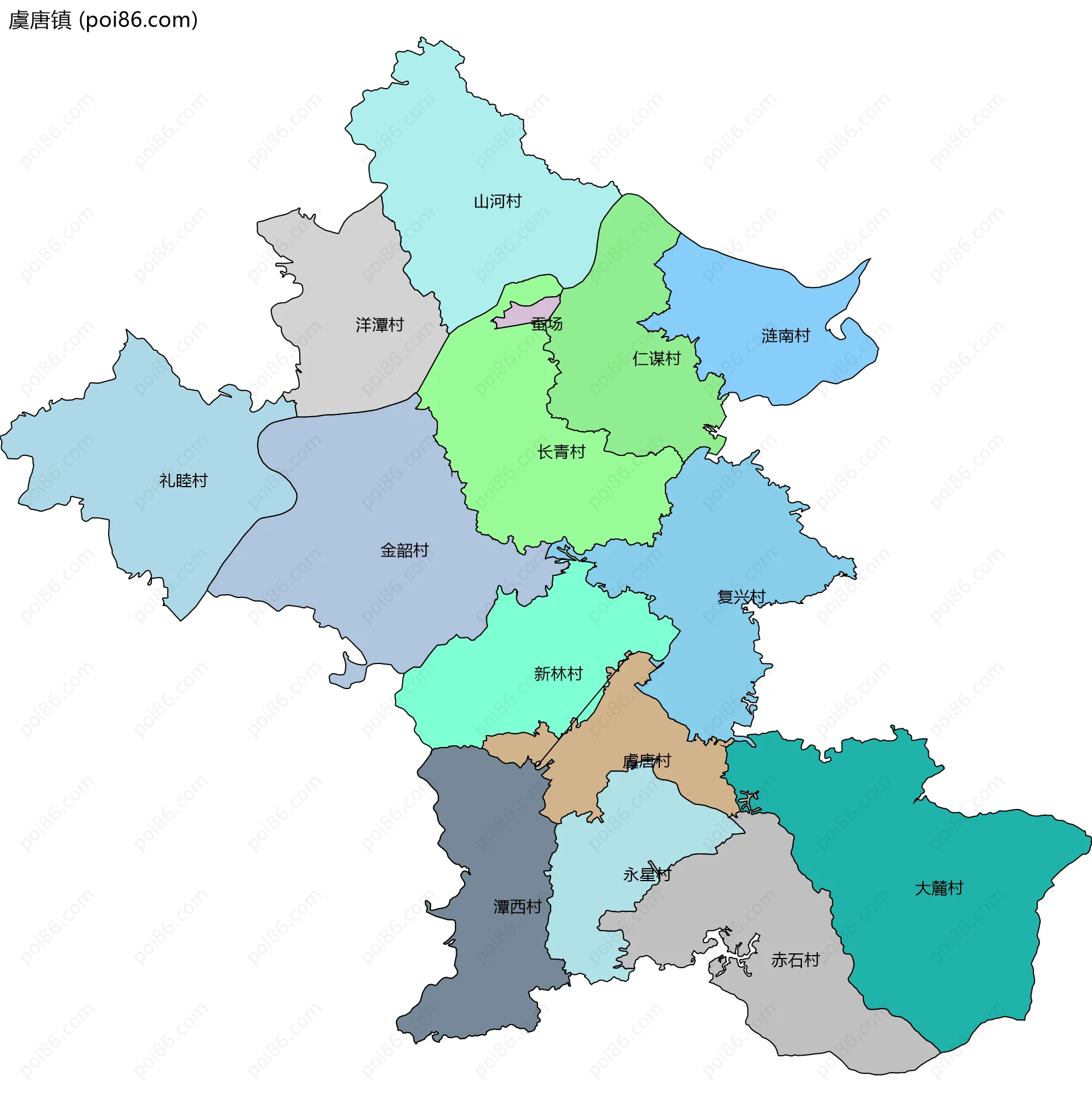 虞唐镇边界地图(五级行政区划)