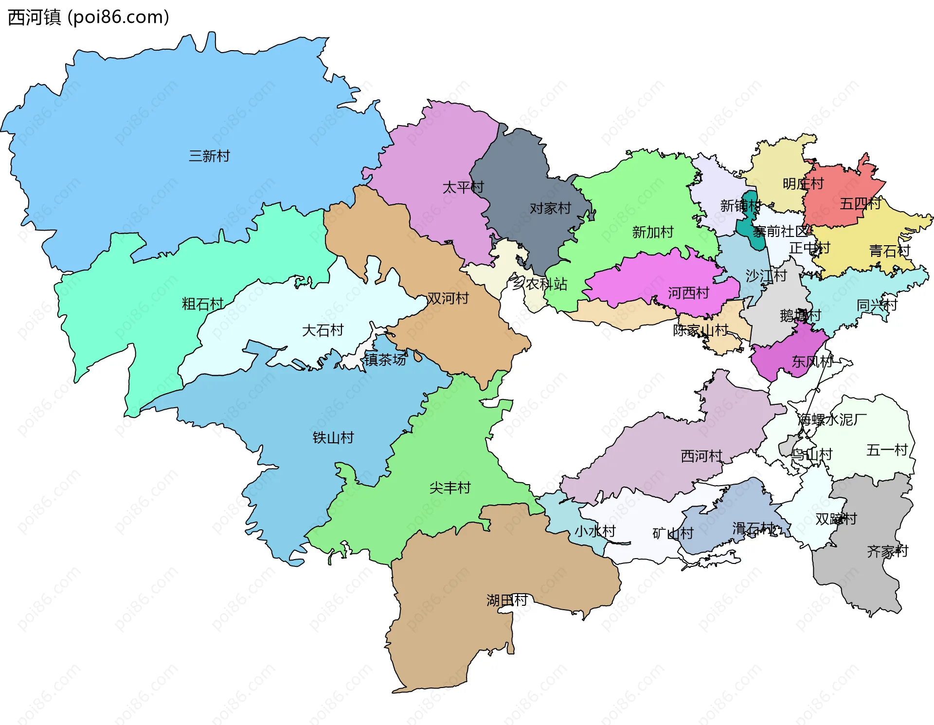 西河镇边界地图(五级行政区划)