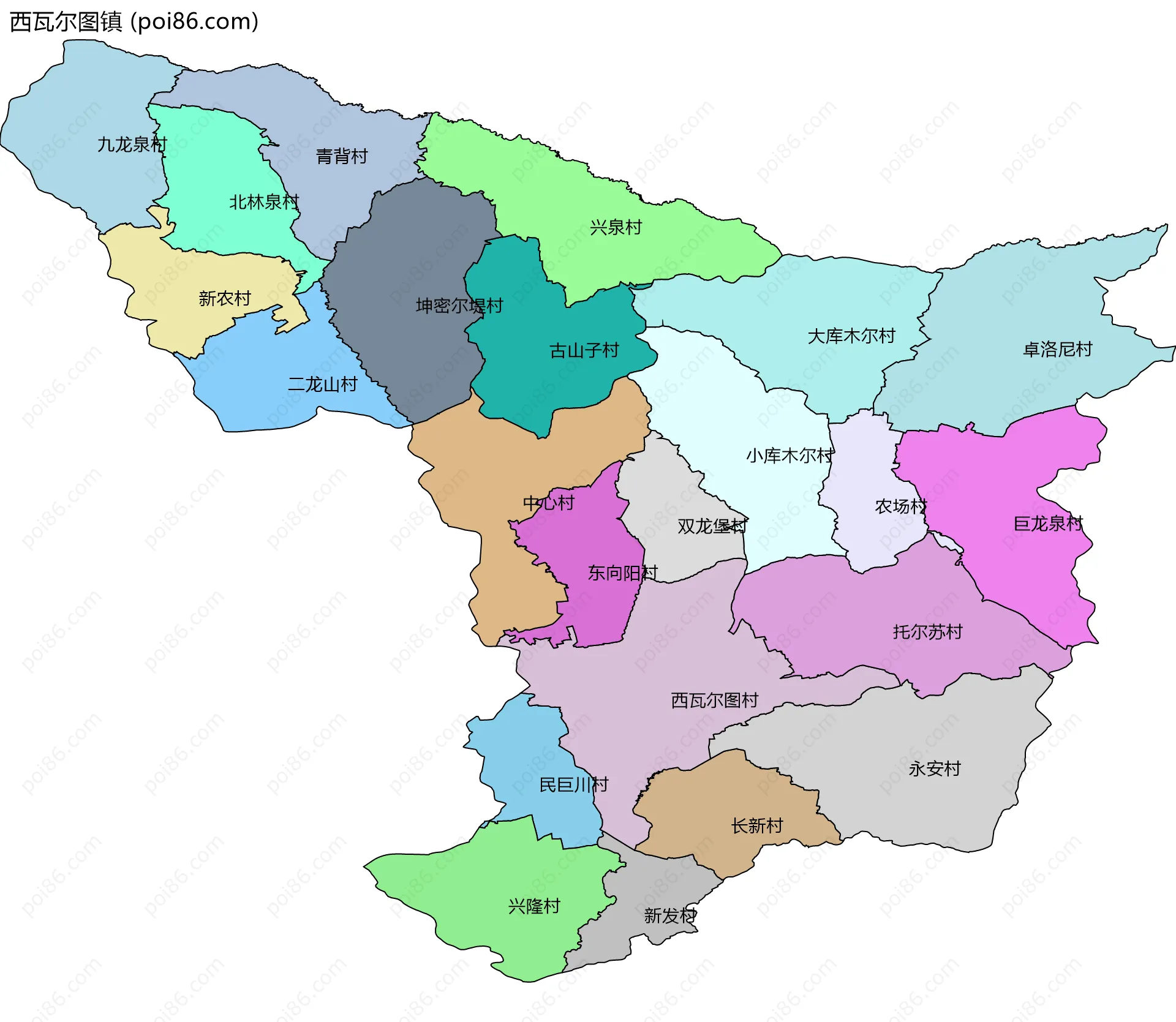 西瓦尔图镇边界地图(五级行政区划)