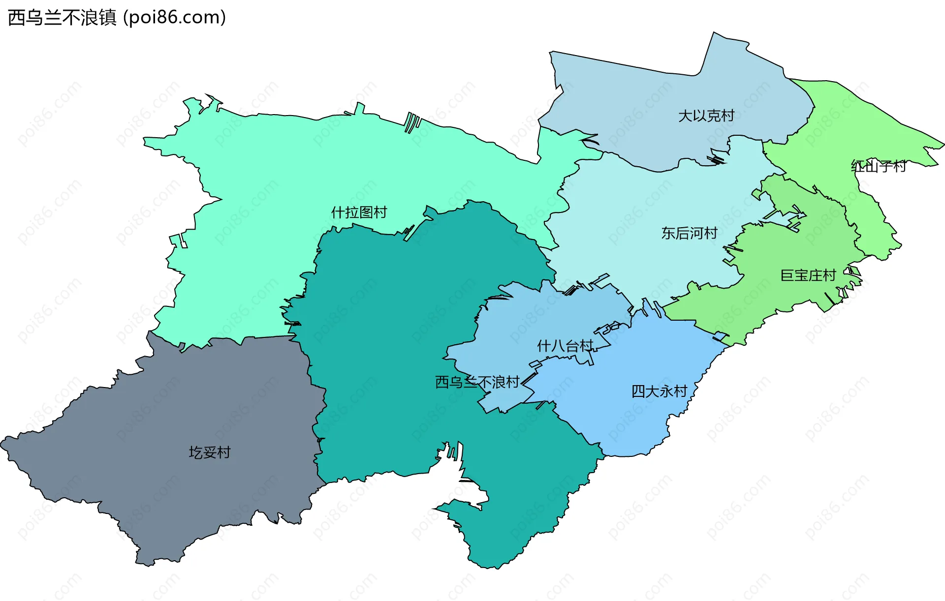 西乌兰不浪镇边界地图(五级行政区划)