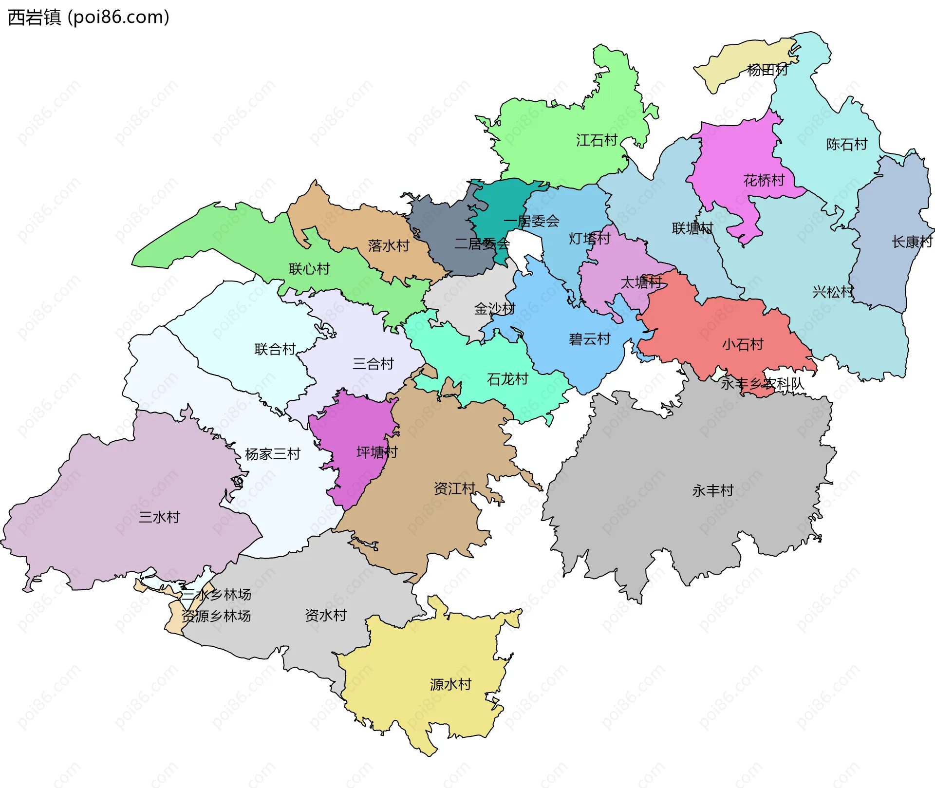 西岩镇边界地图(五级行政区划)