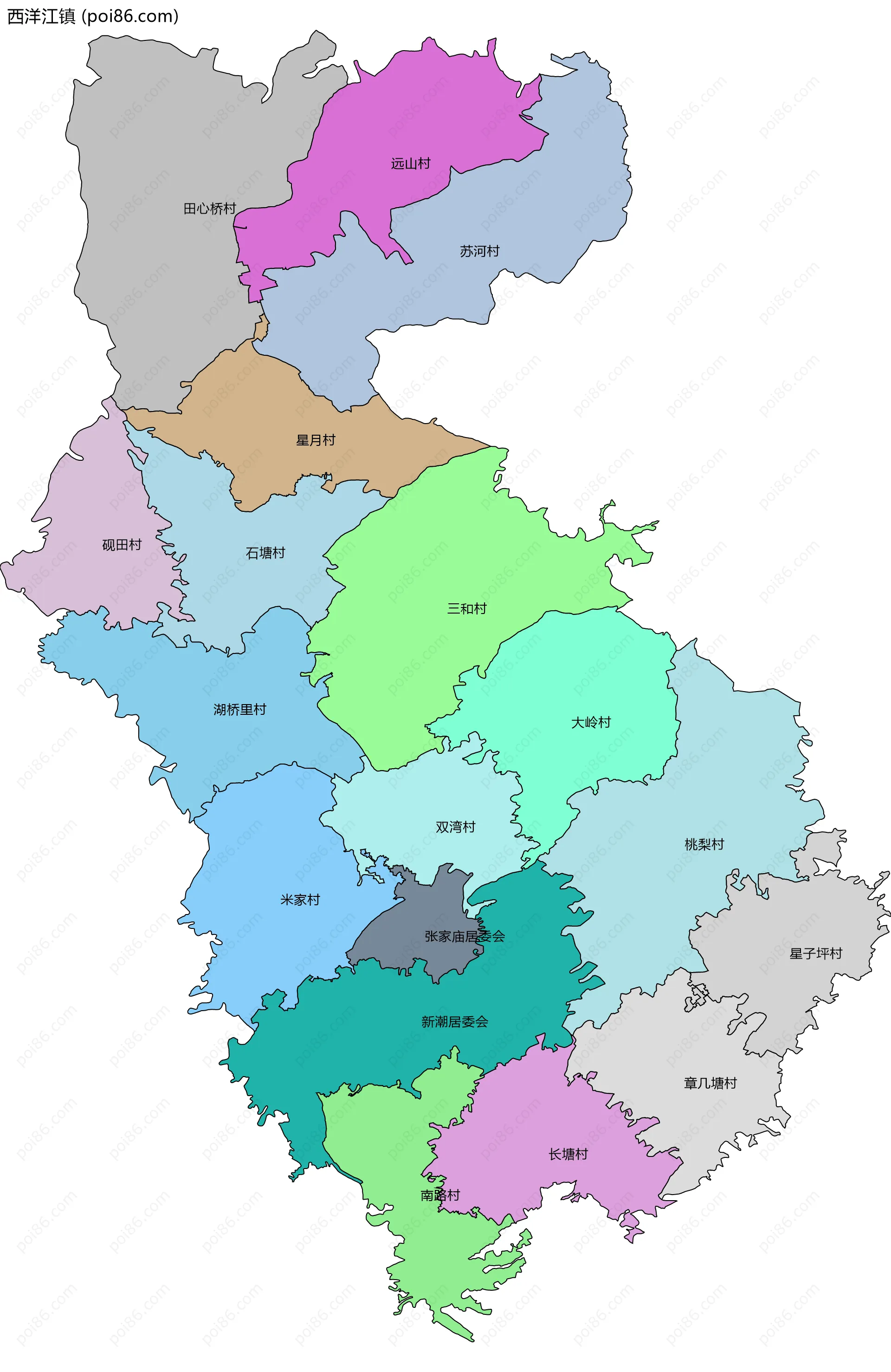 西洋江镇边界地图(五级行政区划)