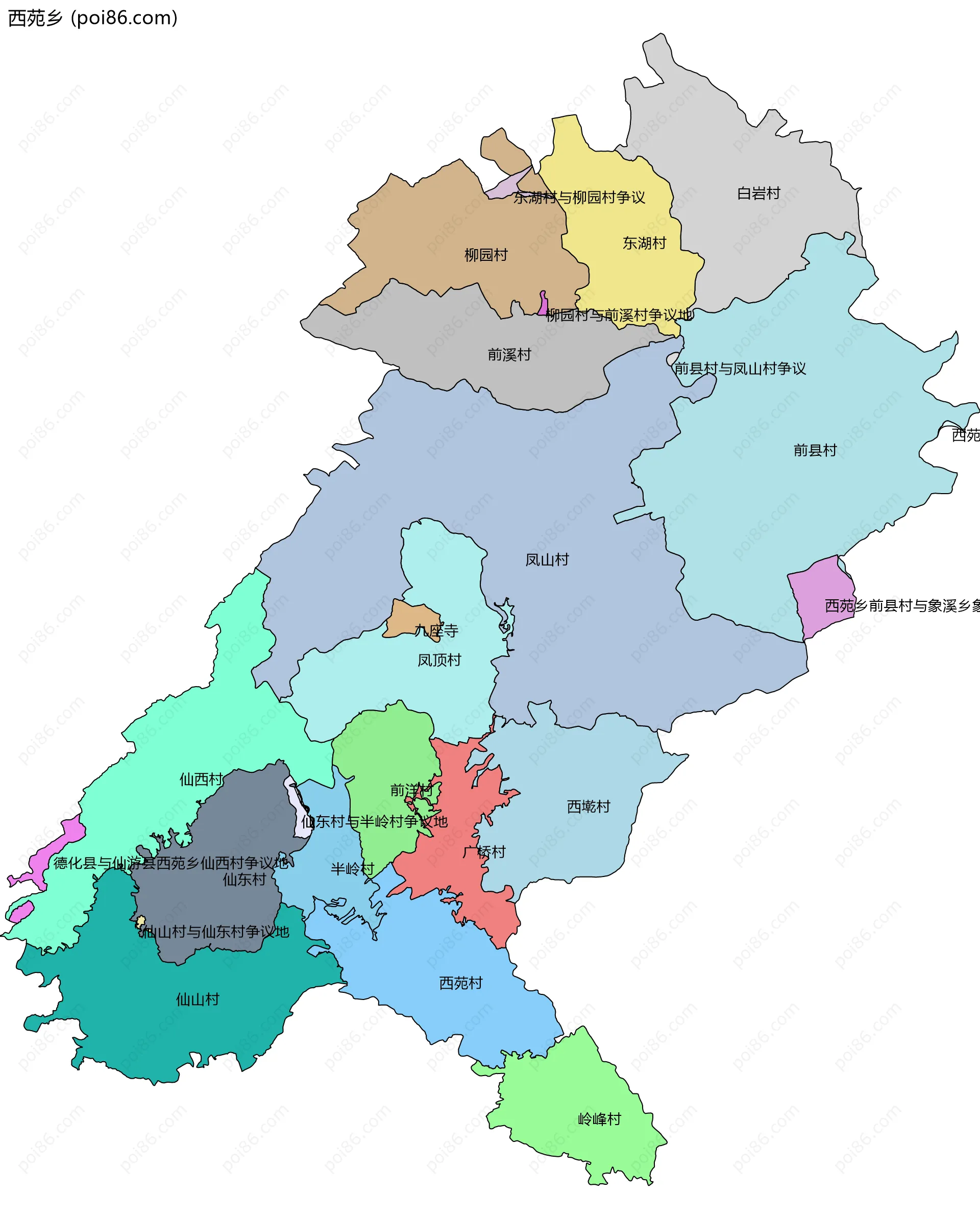 西苑乡边界地图(五级行政区划)