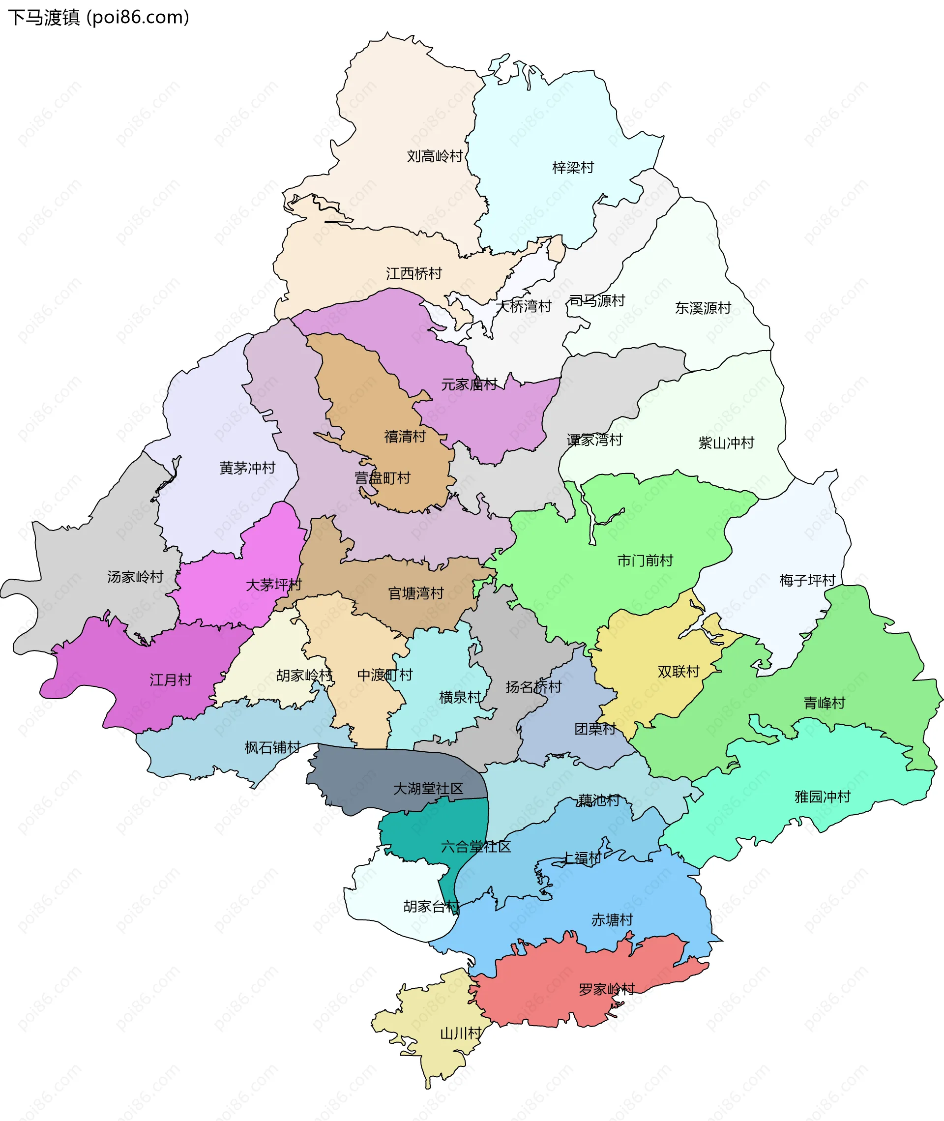 下马渡镇边界地图(五级行政区划)