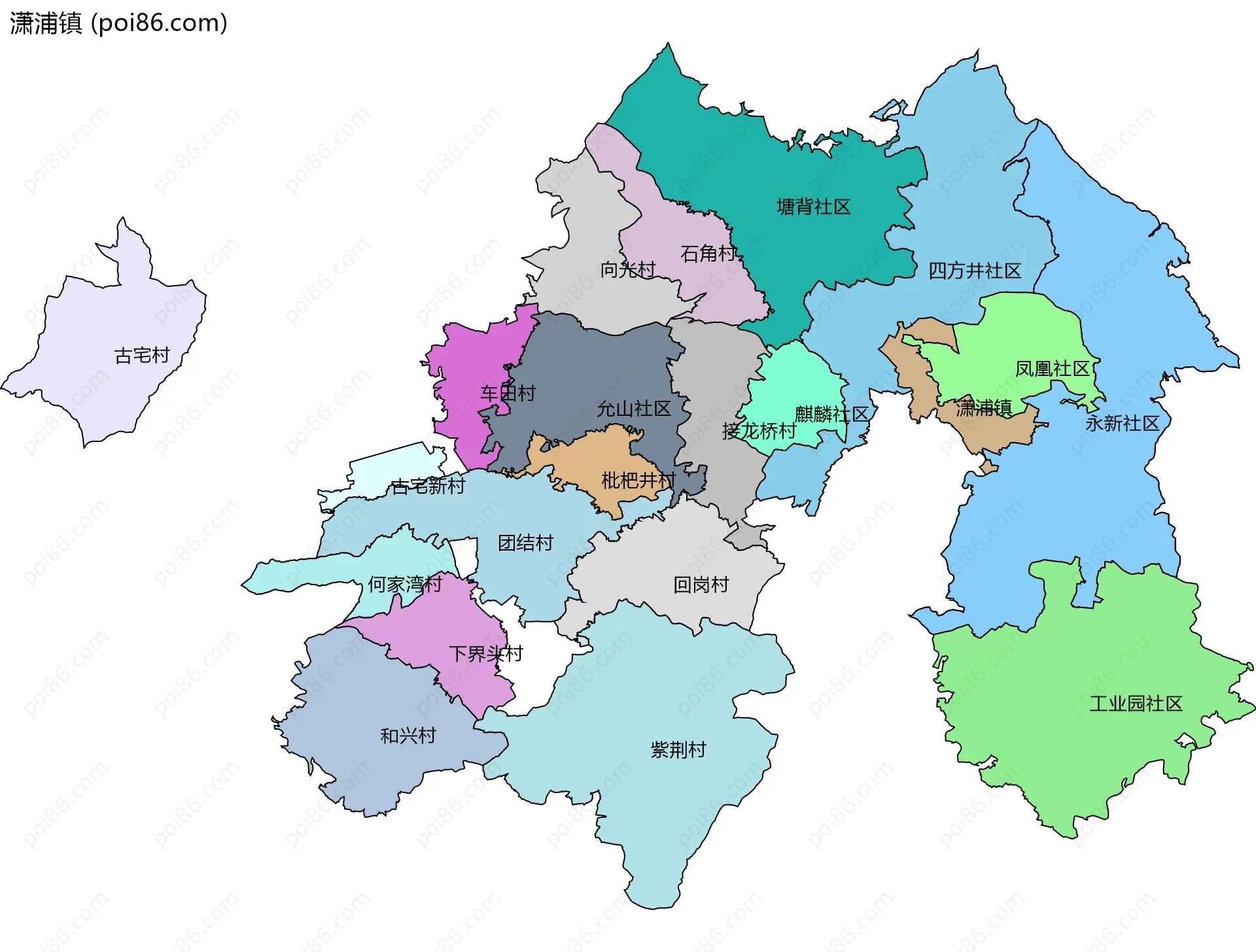 潇浦镇边界地图(五级行政区划)