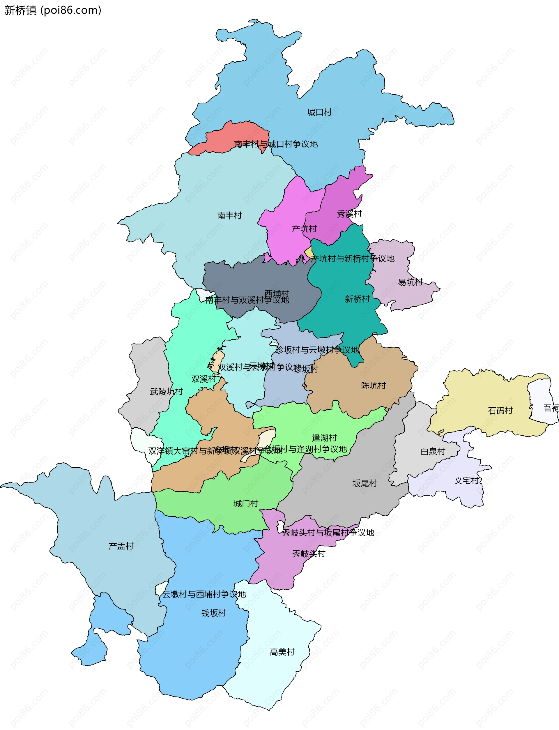 新桥镇边界地图(五级行政区划)