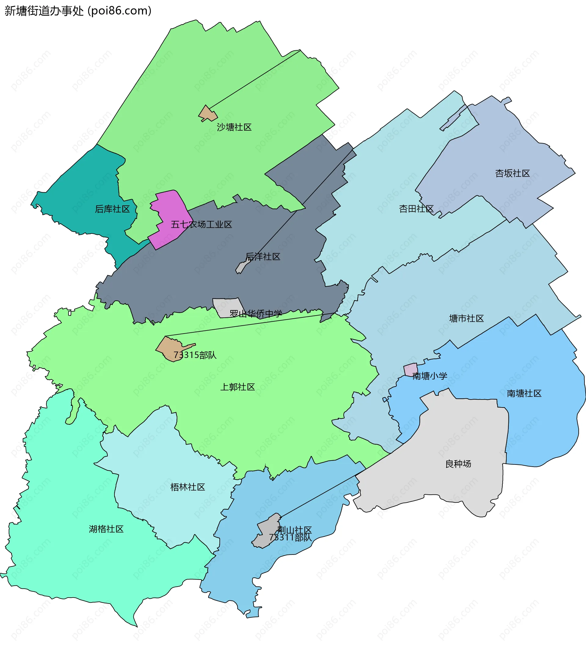 新塘街道办事处边界地图(五级行政区划)