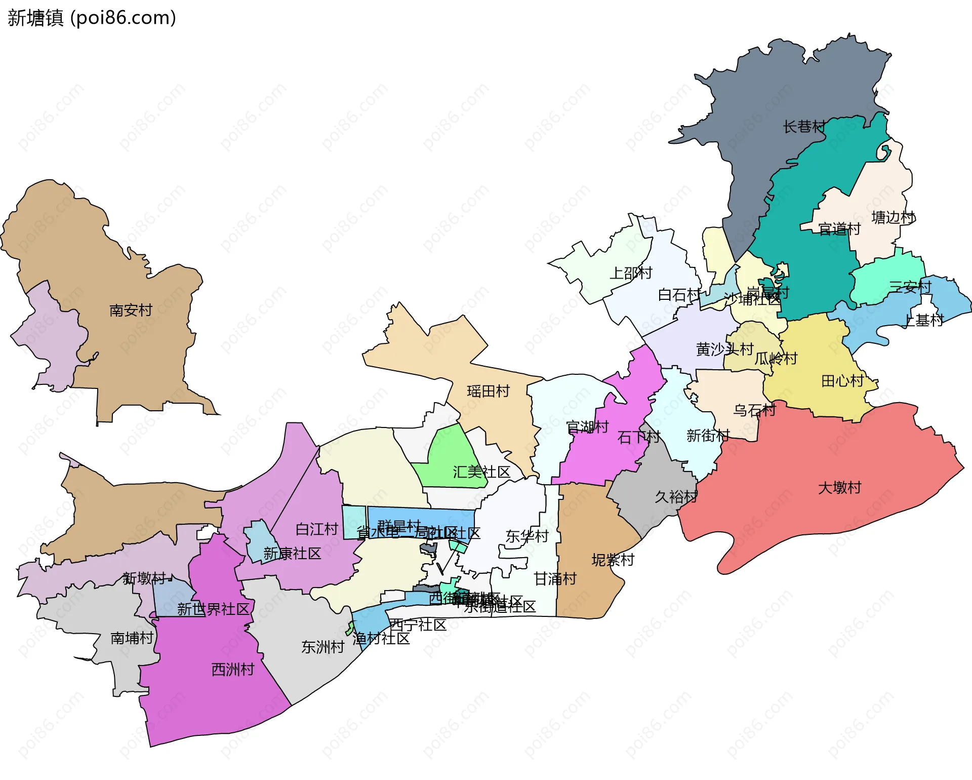 新塘镇边界地图(五级行政区划)