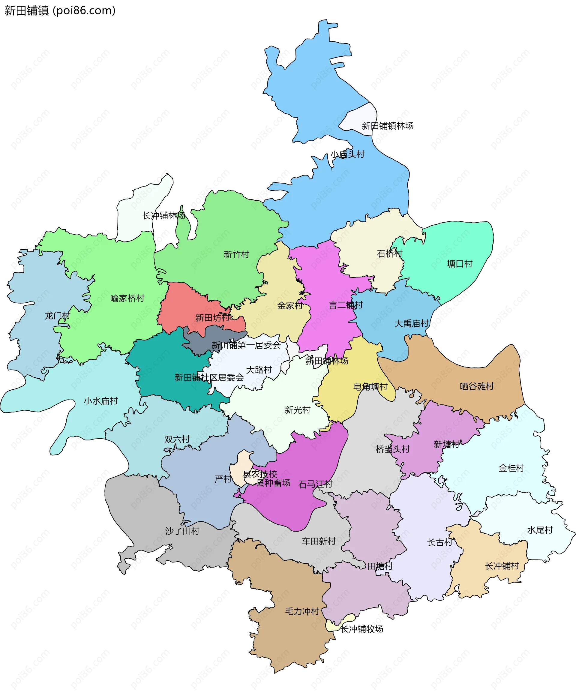 新田铺镇边界地图(五级行政区划)