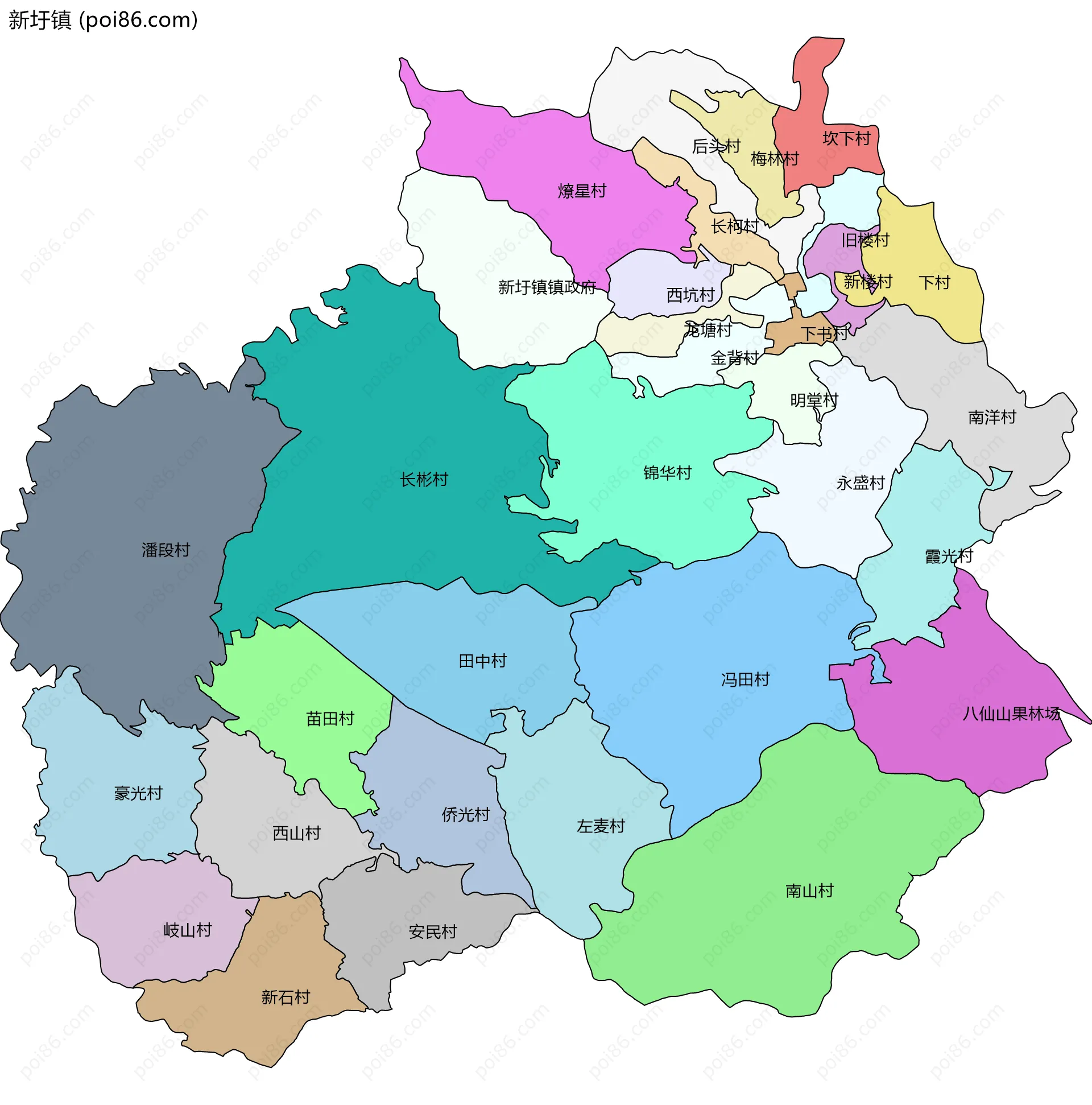 新圩镇边界地图(五级行政区划)