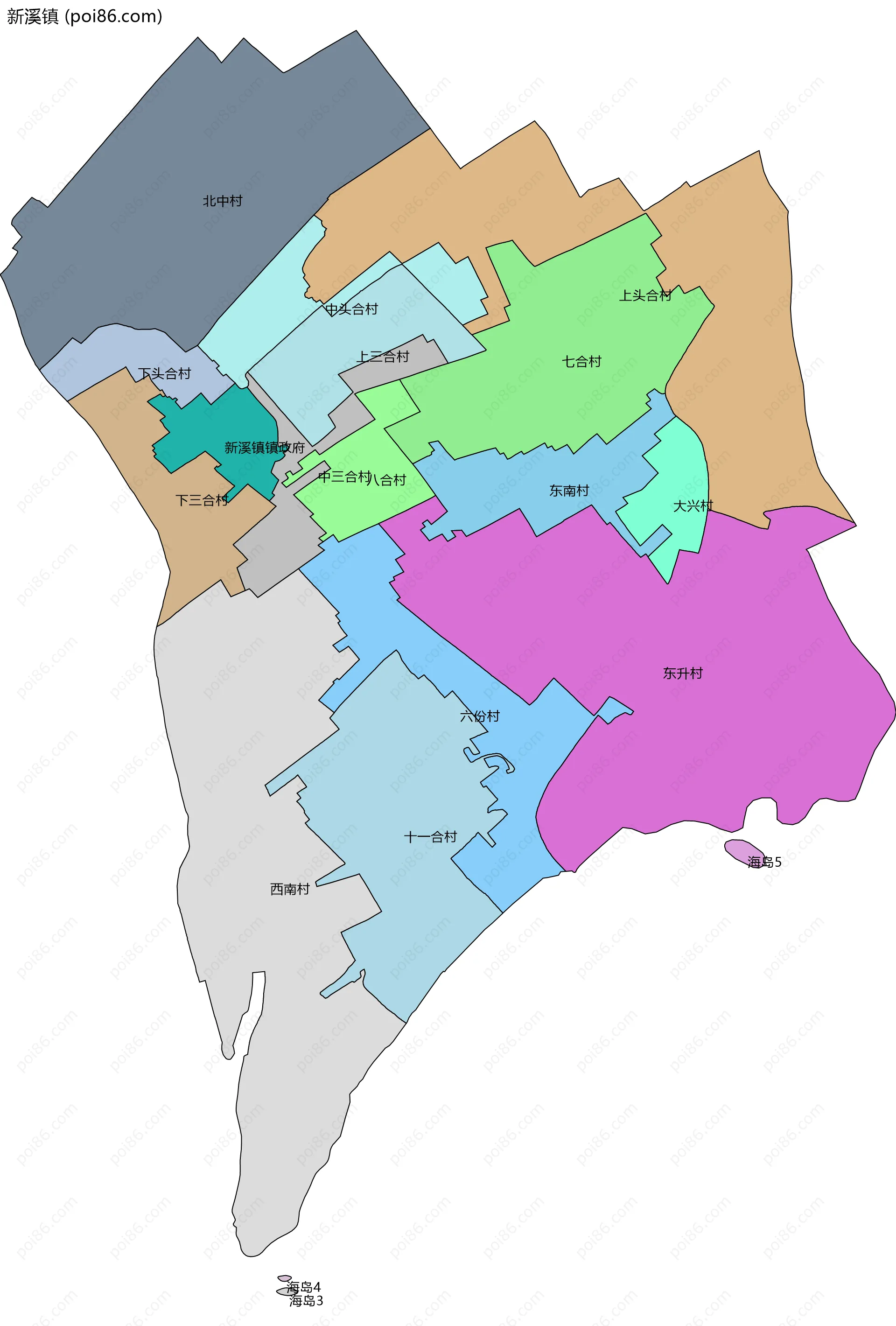 新溪镇边界地图(五级行政区划)