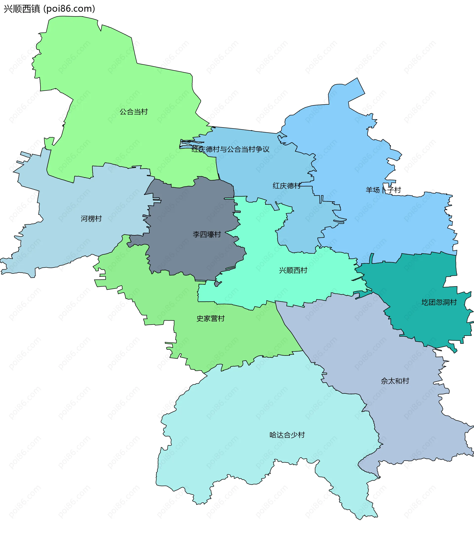 兴顺西镇边界地图(五级行政区划)