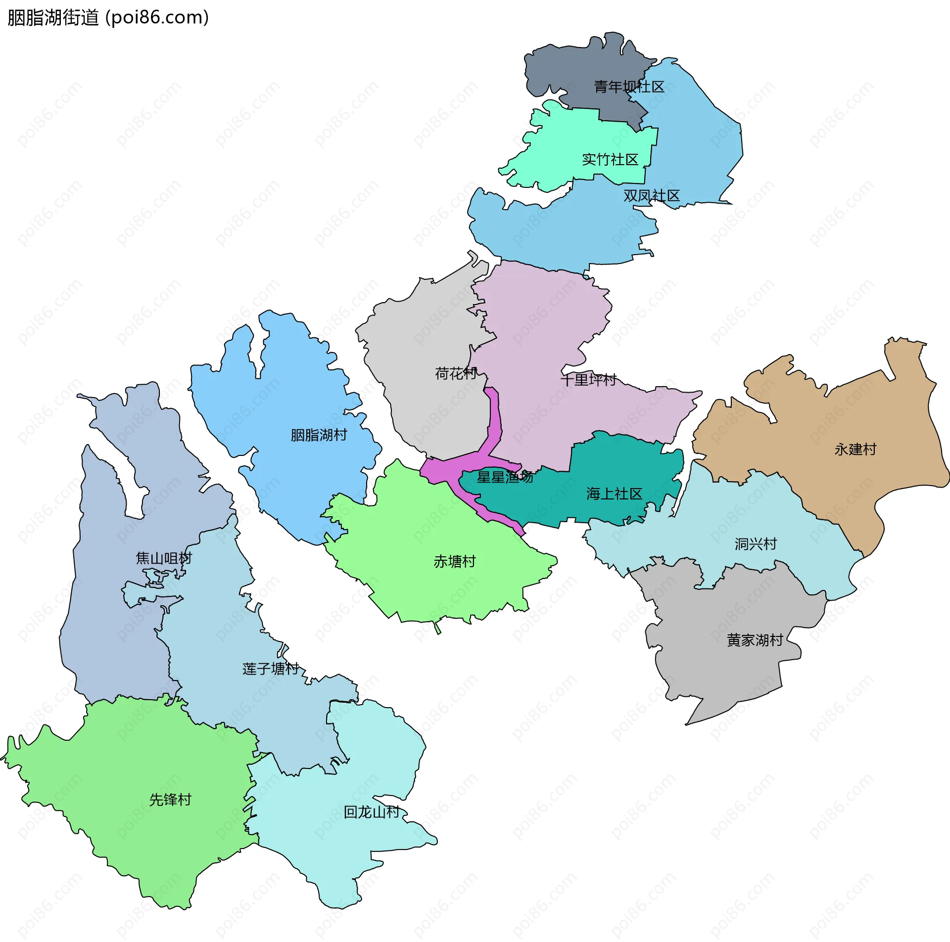 胭脂湖街道边界地图(五级行政区划)