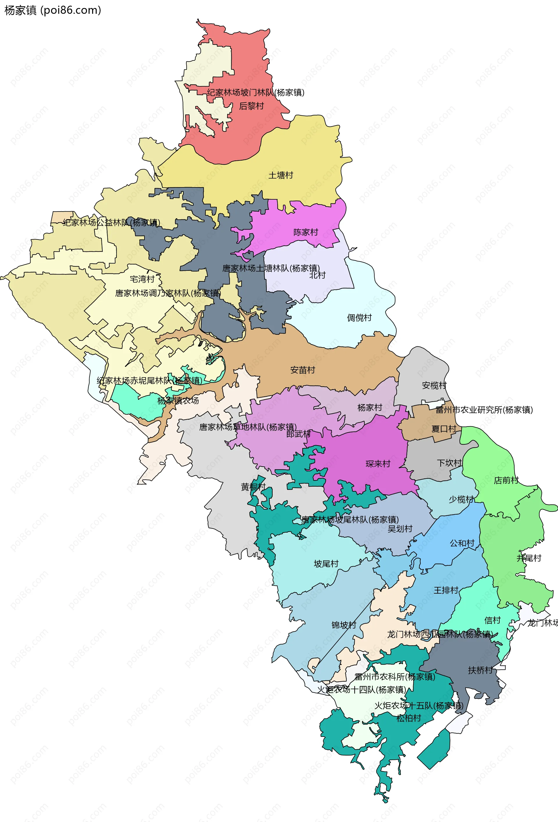 杨家镇边界地图(五级行政区划)