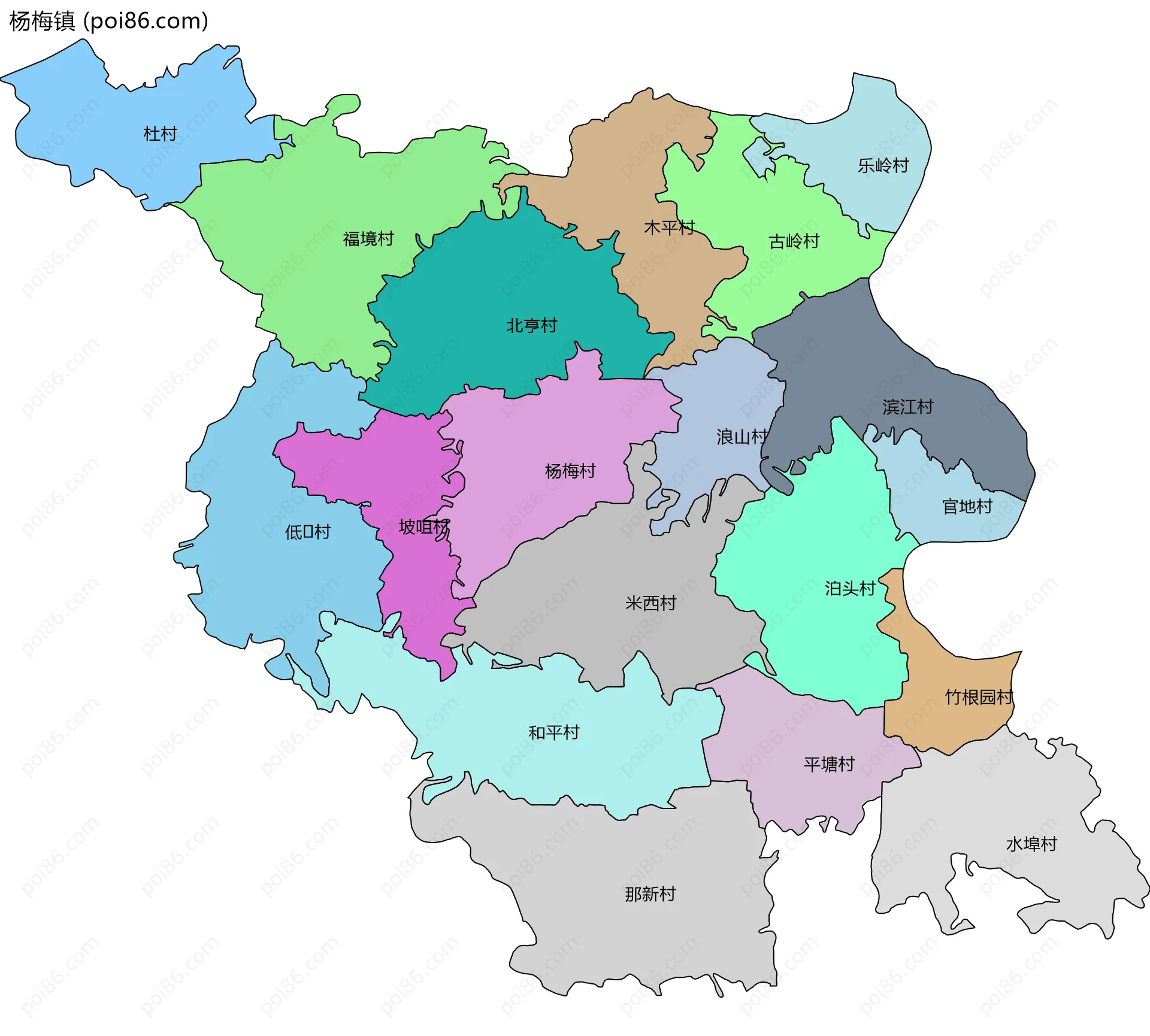 杨梅镇边界地图(五级行政区划)