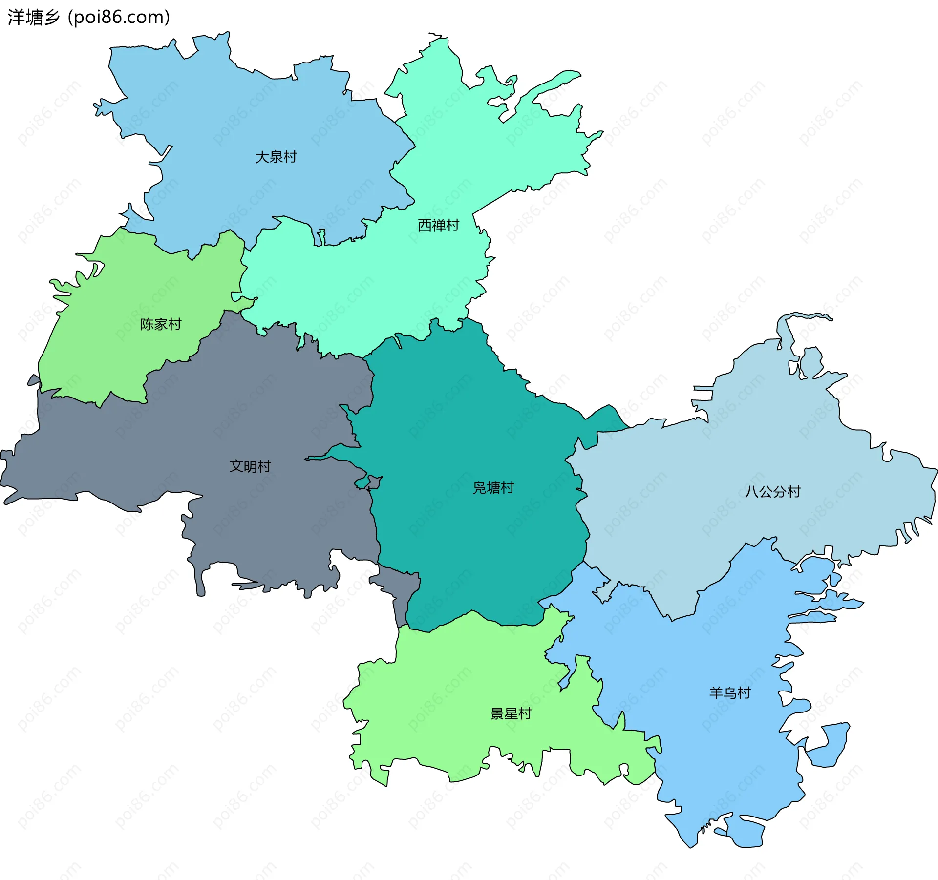洋塘乡边界地图(五级行政区划)