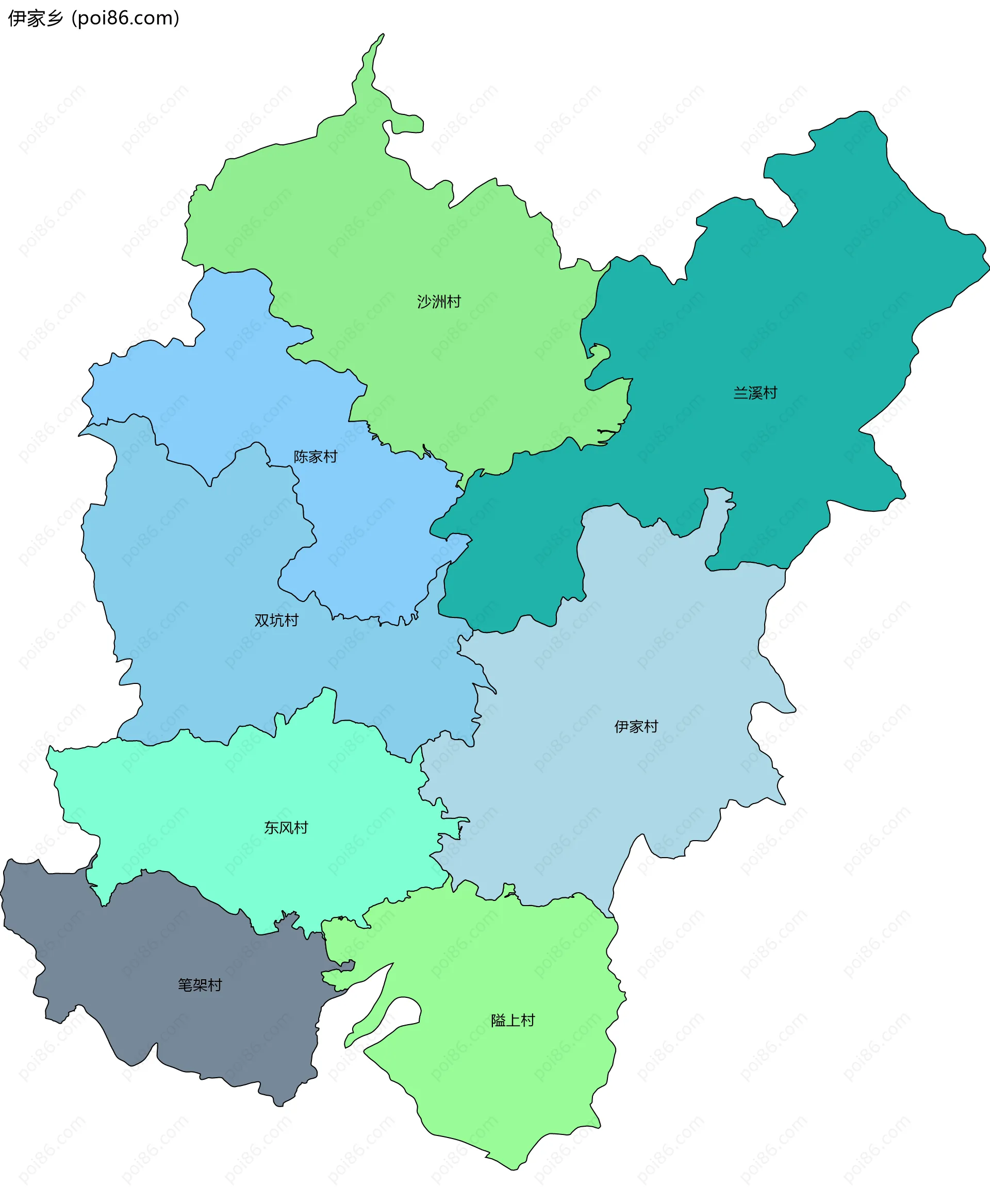 伊家乡边界地图(五级行政区划)