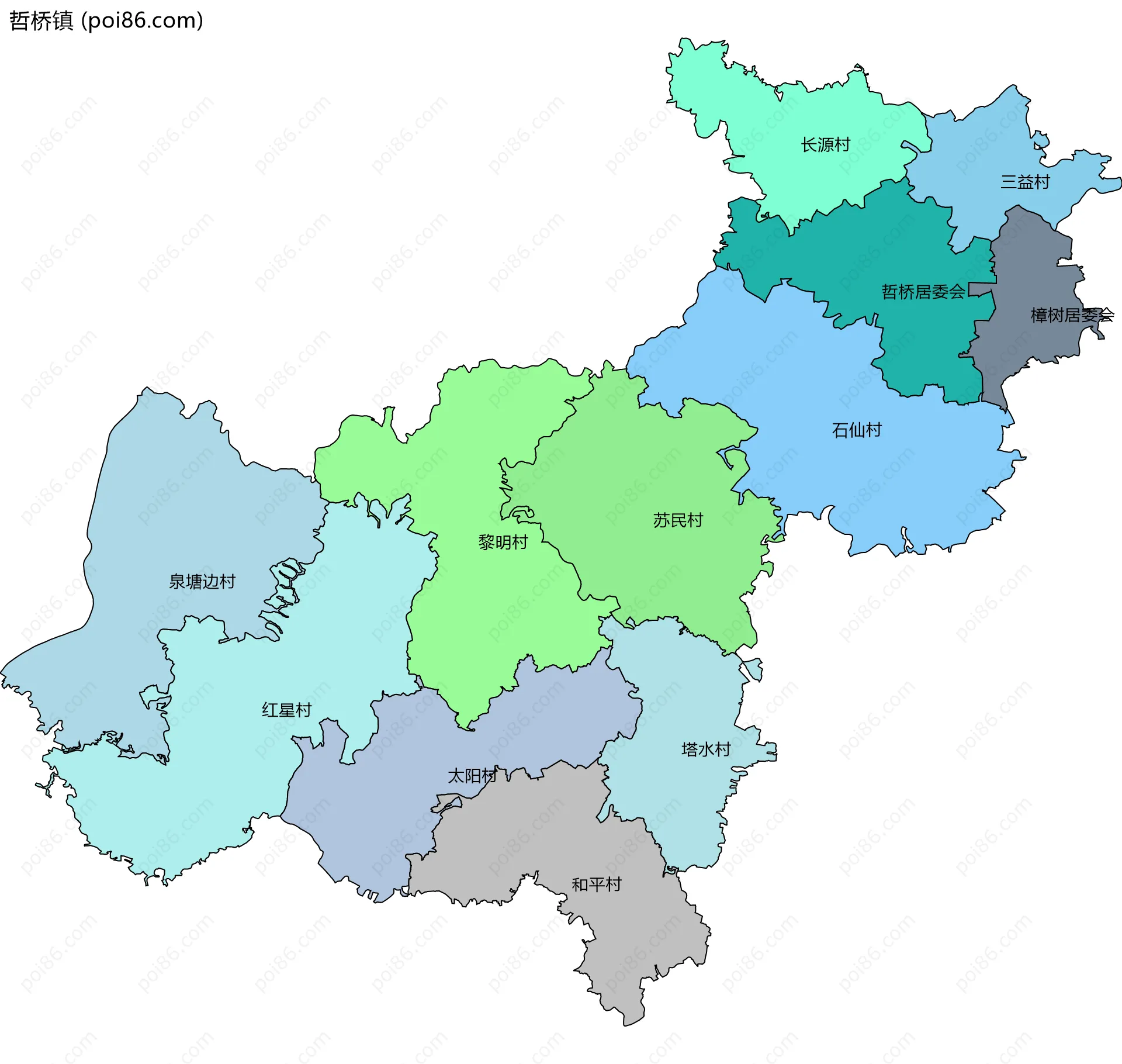 哲桥镇边界地图(五级行政区划)