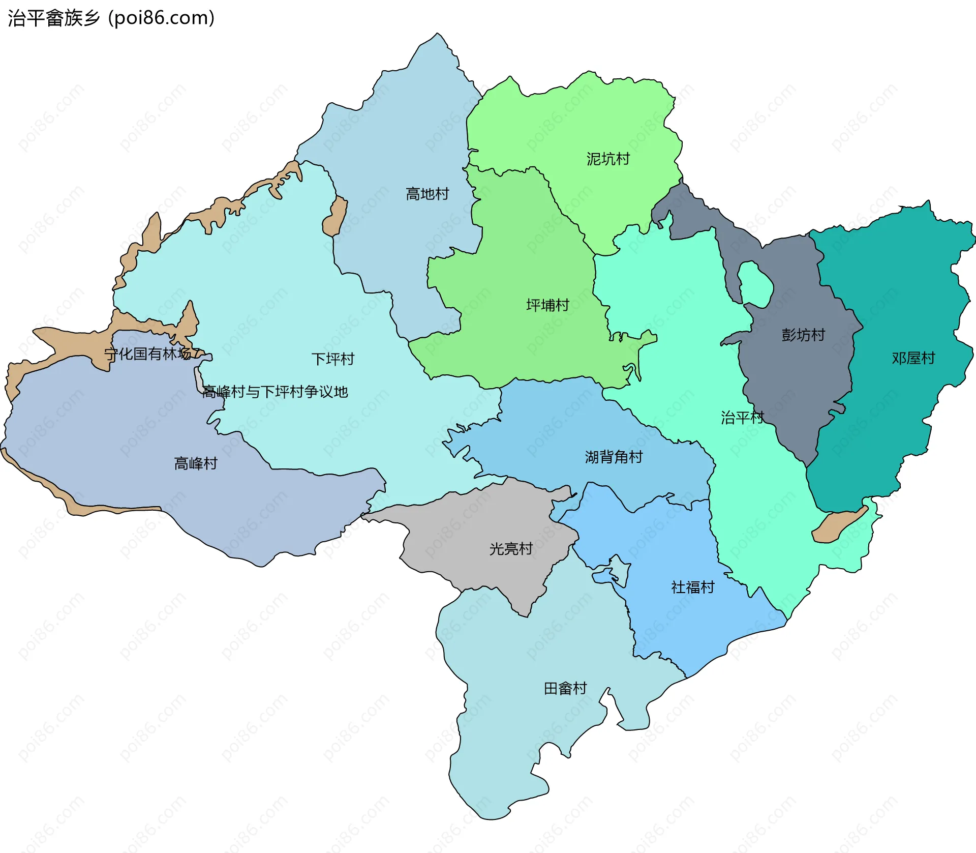 治平畲族乡边界地图(五级行政区划)