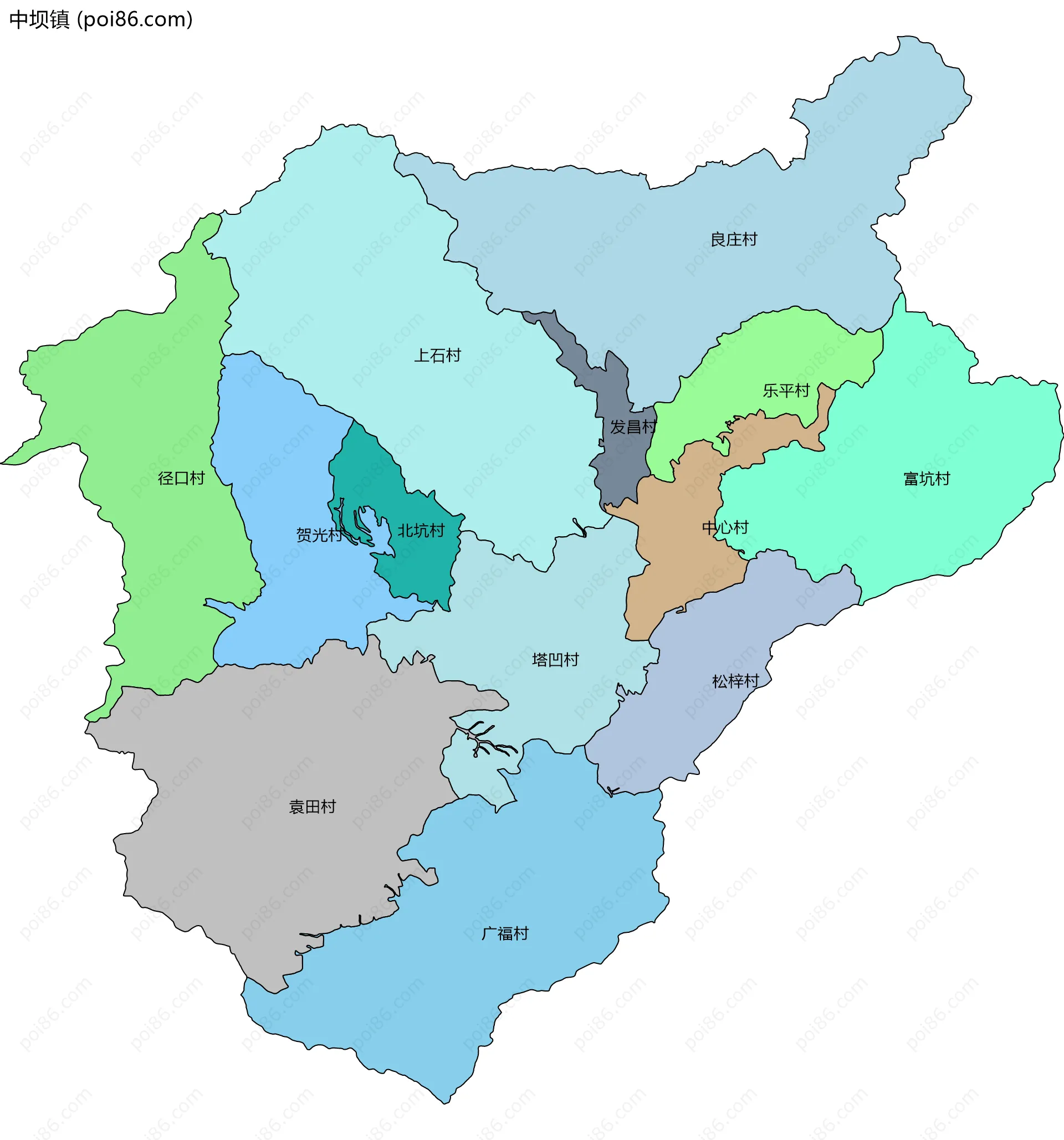 中坝镇边界地图(五级行政区划)