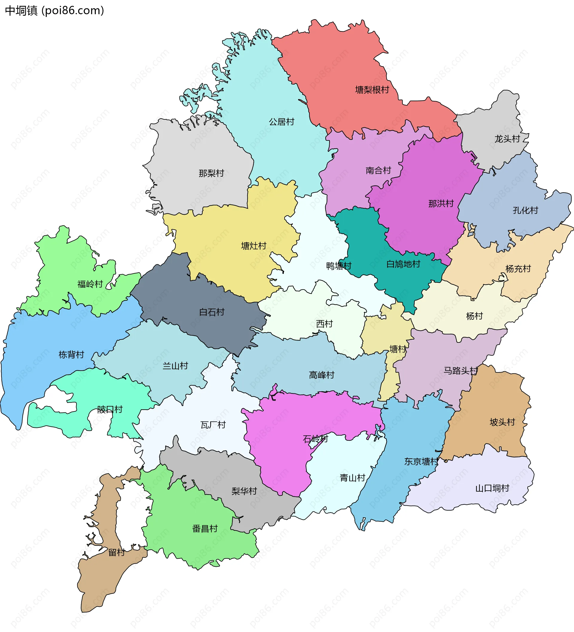 中垌镇边界地图(五级行政区划)