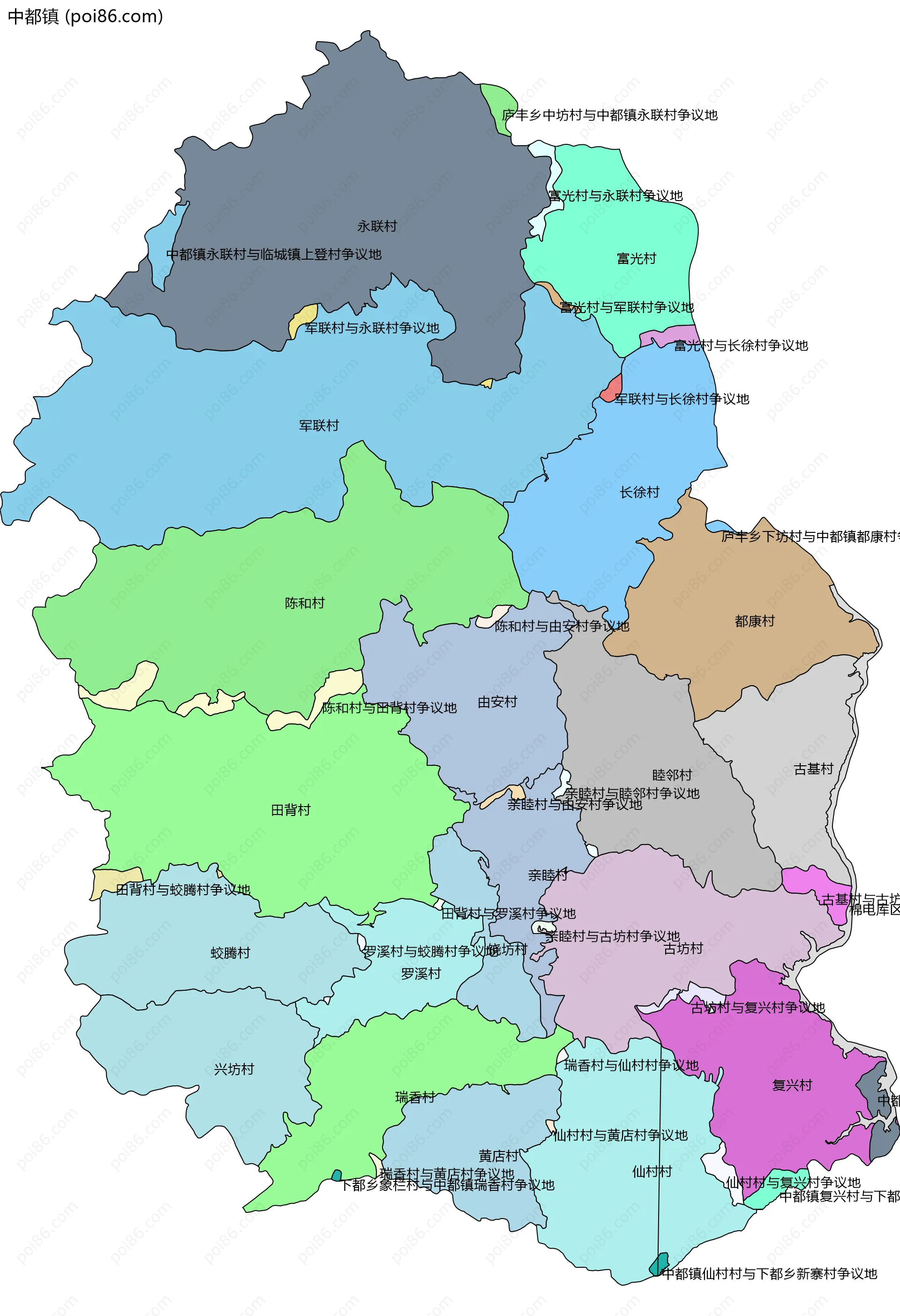 中都镇边界地图(五级行政区划)