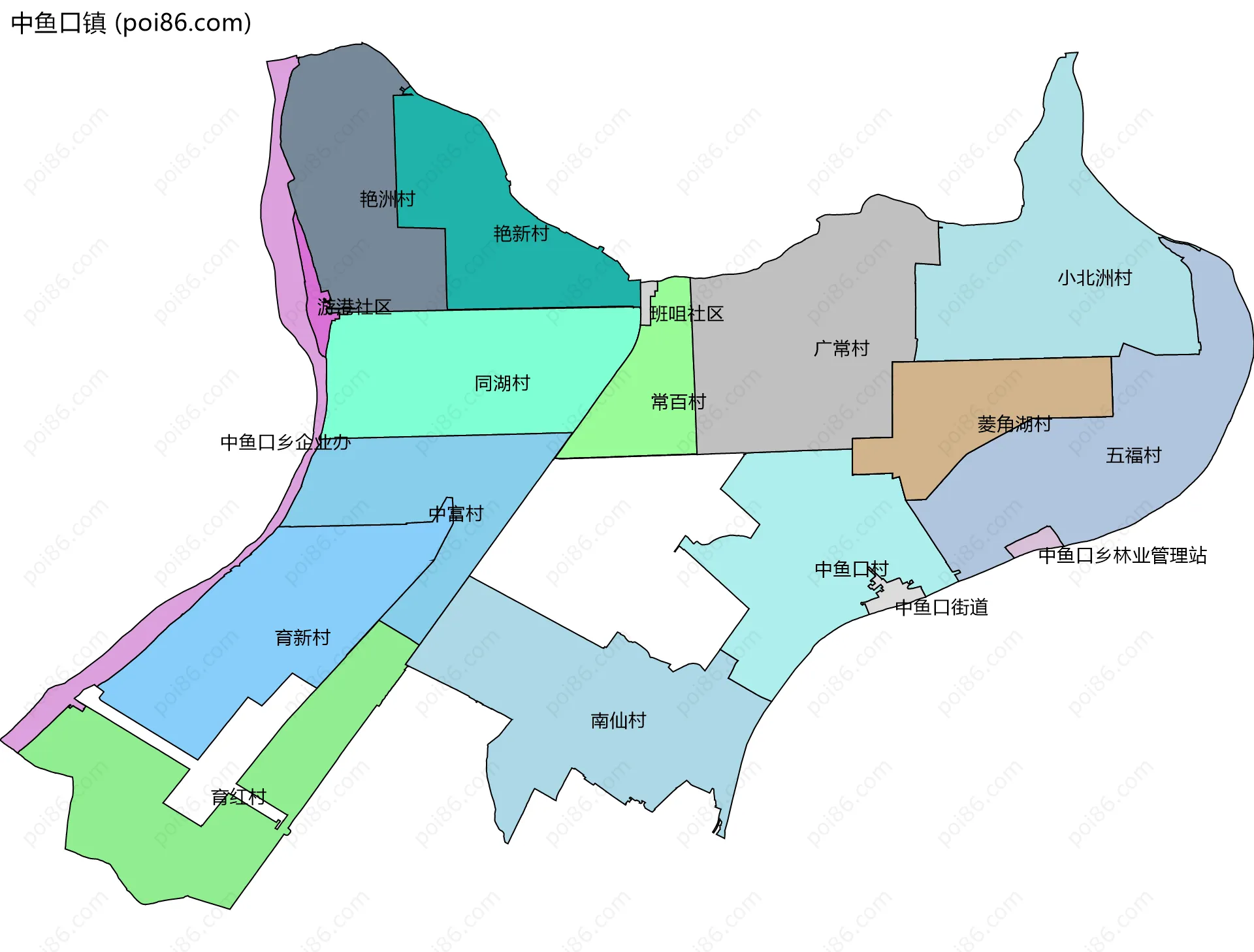 中鱼口镇边界地图(五级行政区划)