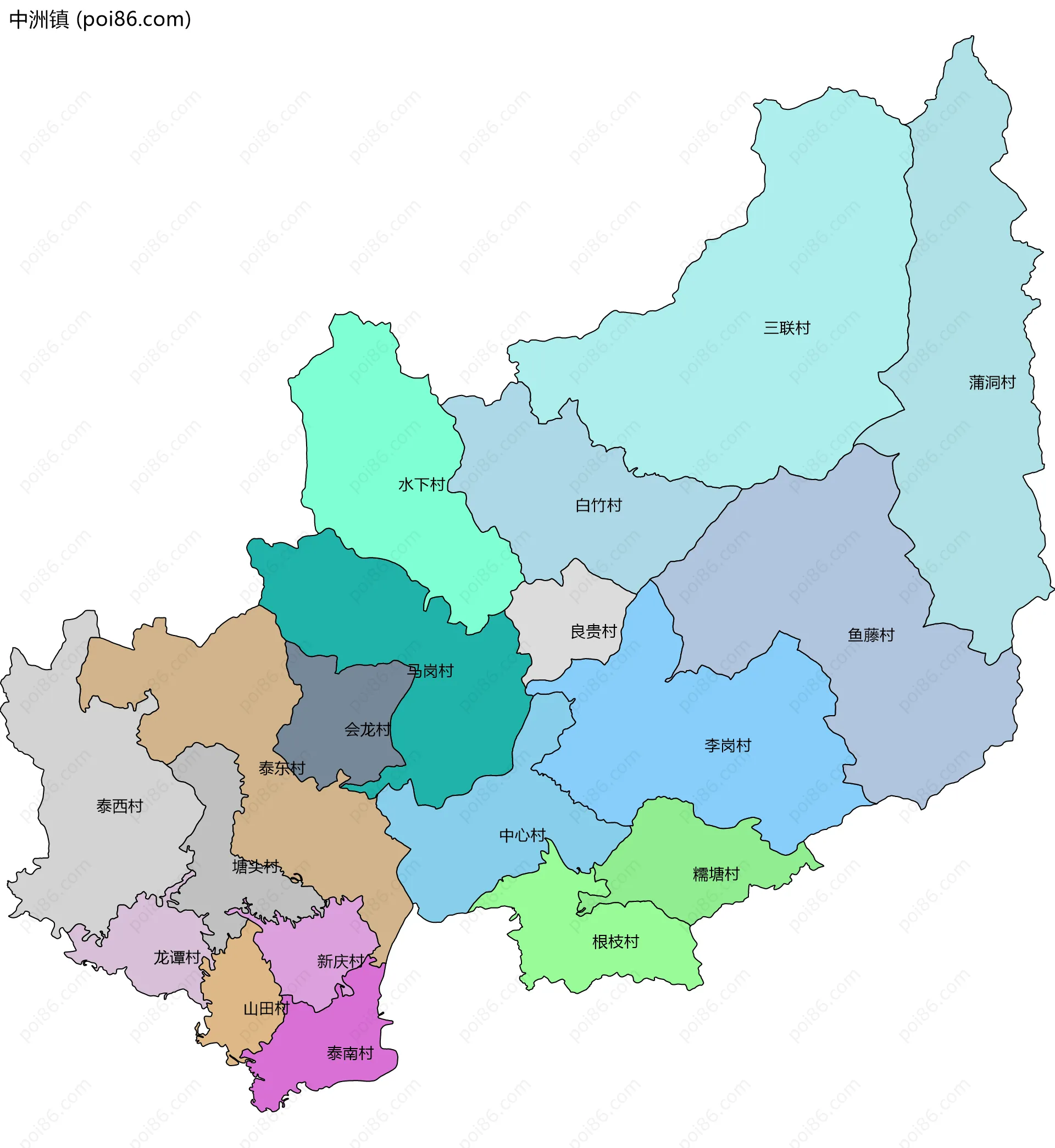 中洲镇边界地图(五级行政区划)