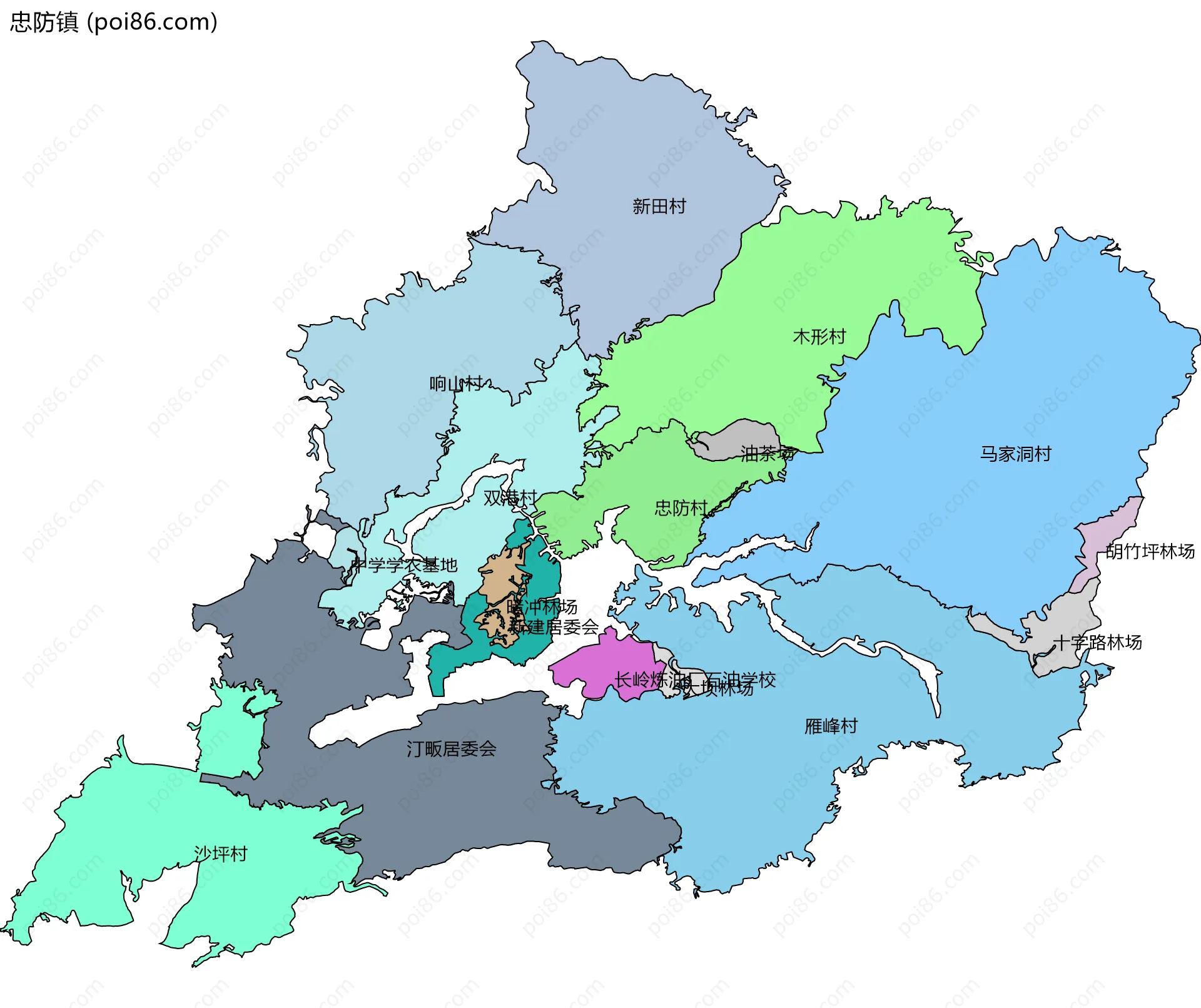 忠防镇边界地图(五级行政区划)