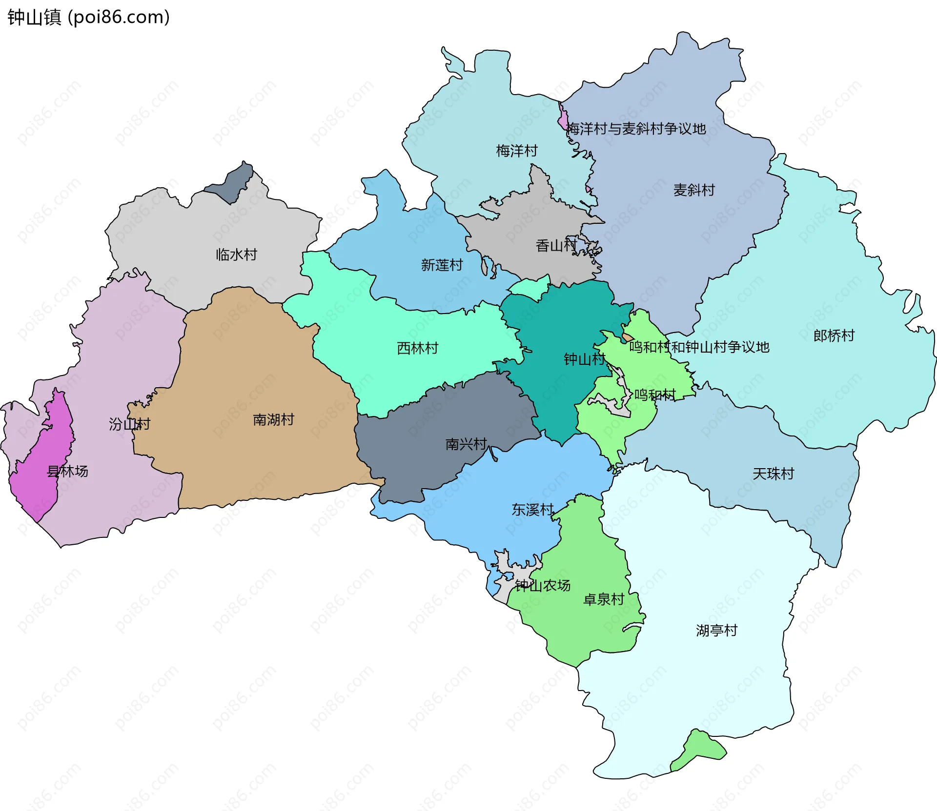 钟山镇边界地图(五级行政区划)