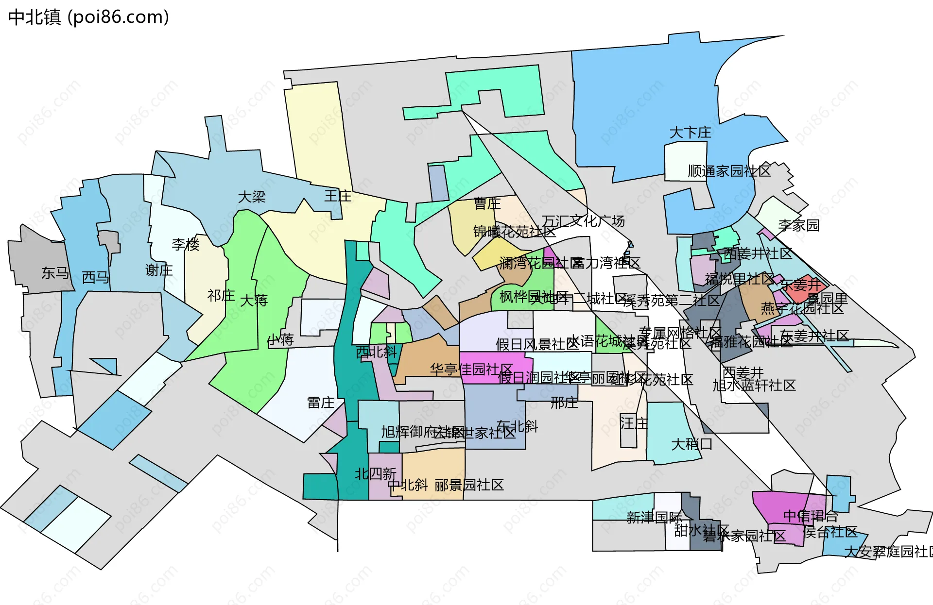 中北镇边界地图(五级行政区划)