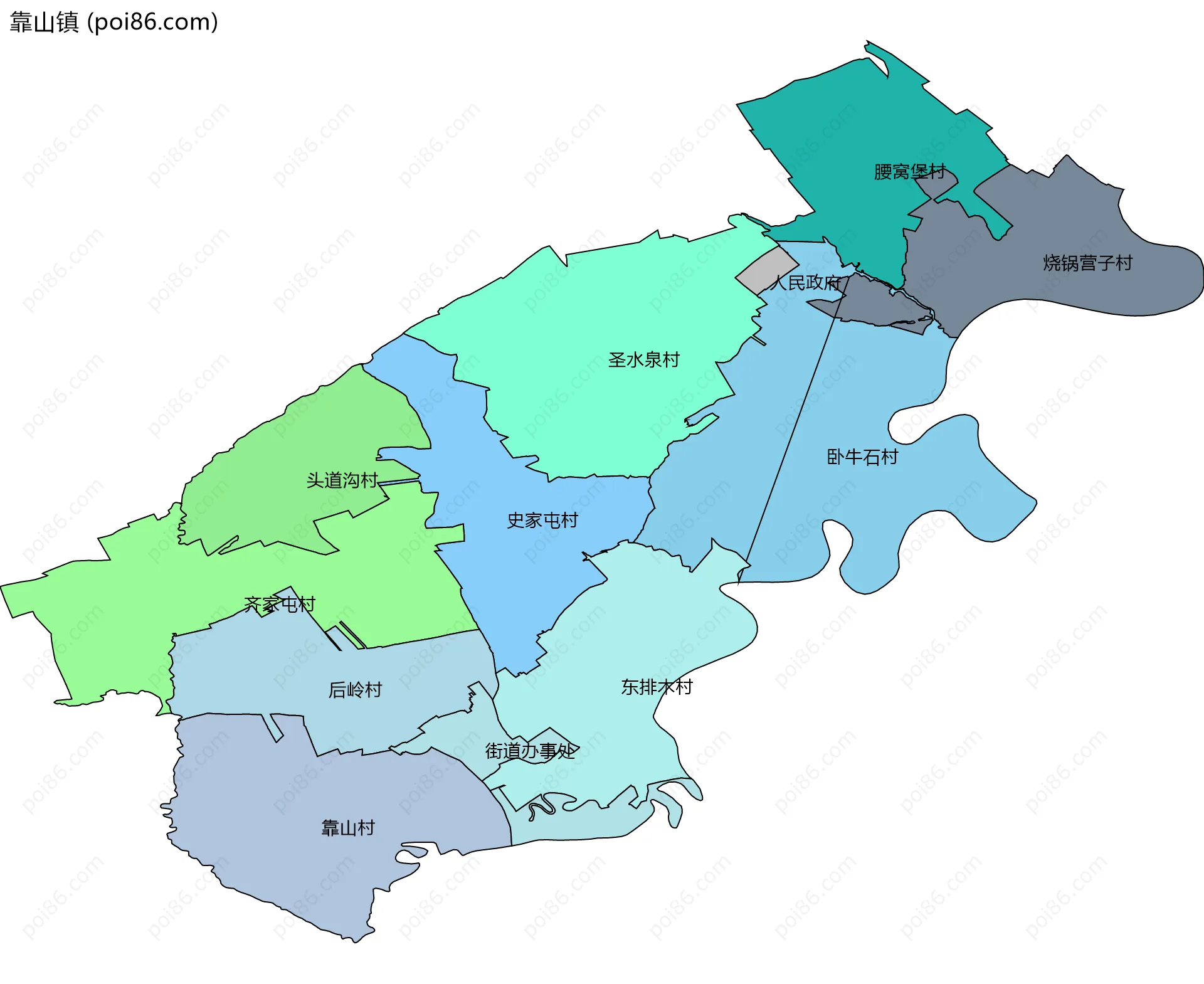靠山镇边界地图(五级行政区划)