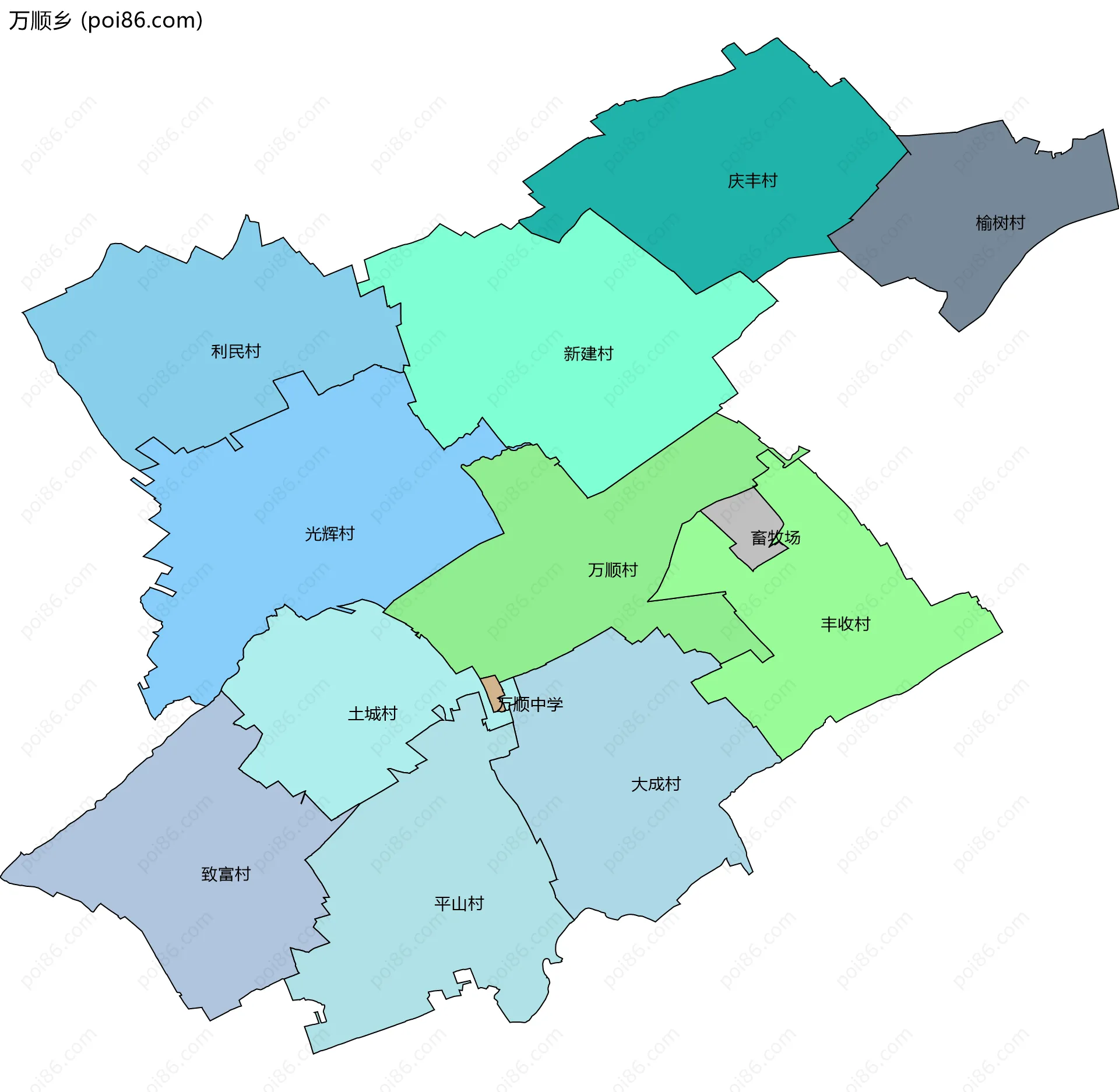 万顺乡边界地图(五级行政区划)