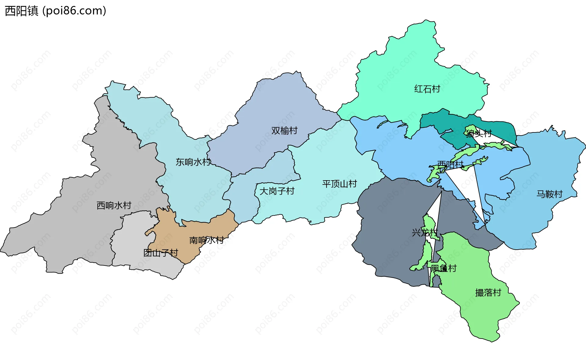 西阳镇边界地图(五级行政区划)