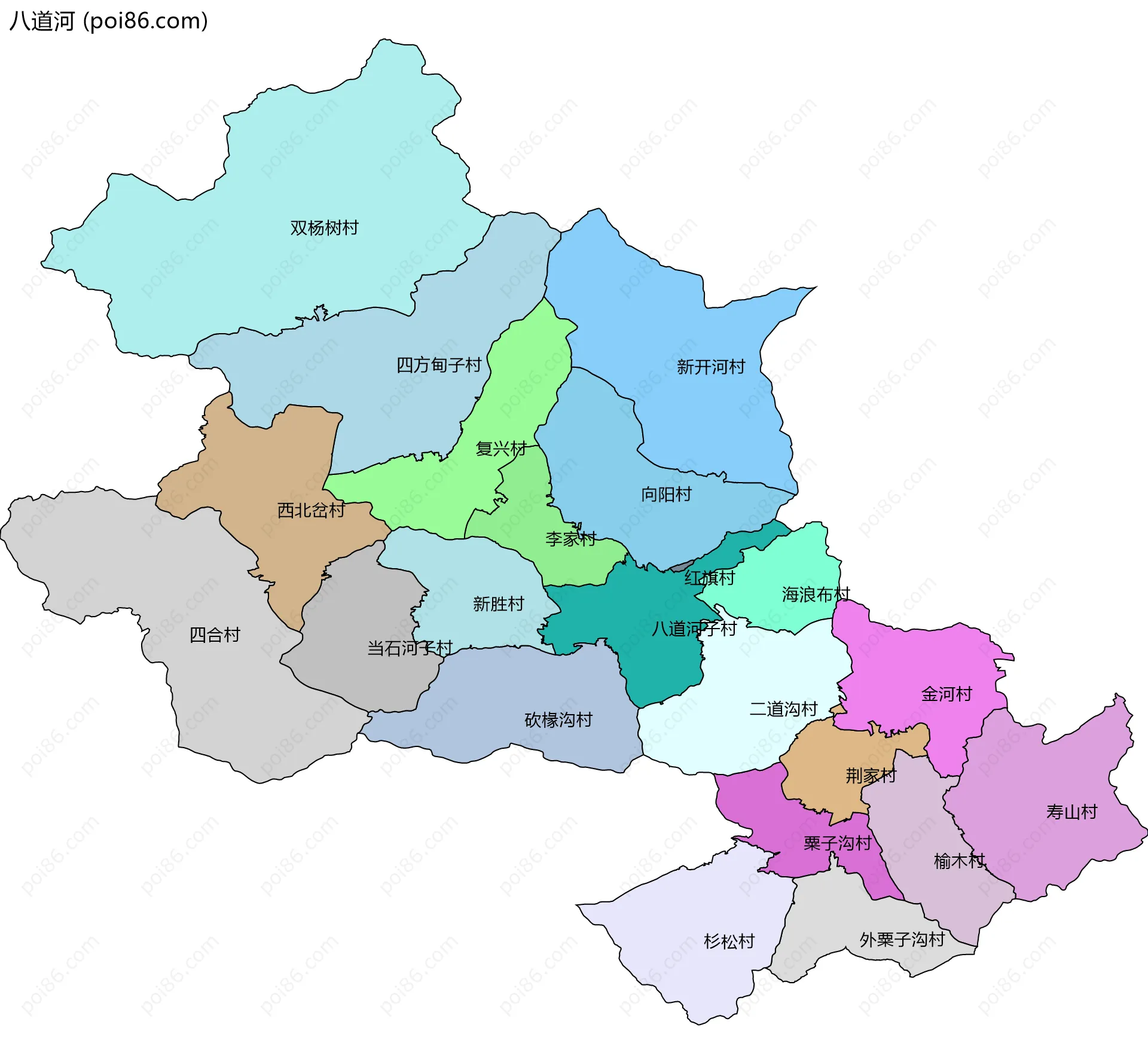 八道河边界地图(五级行政区划)