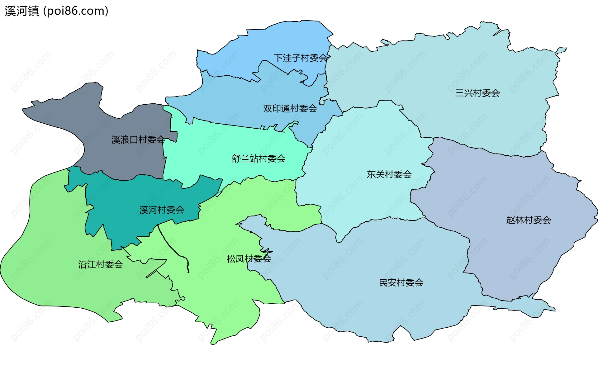 溪河镇边界地图(五级行政区划)