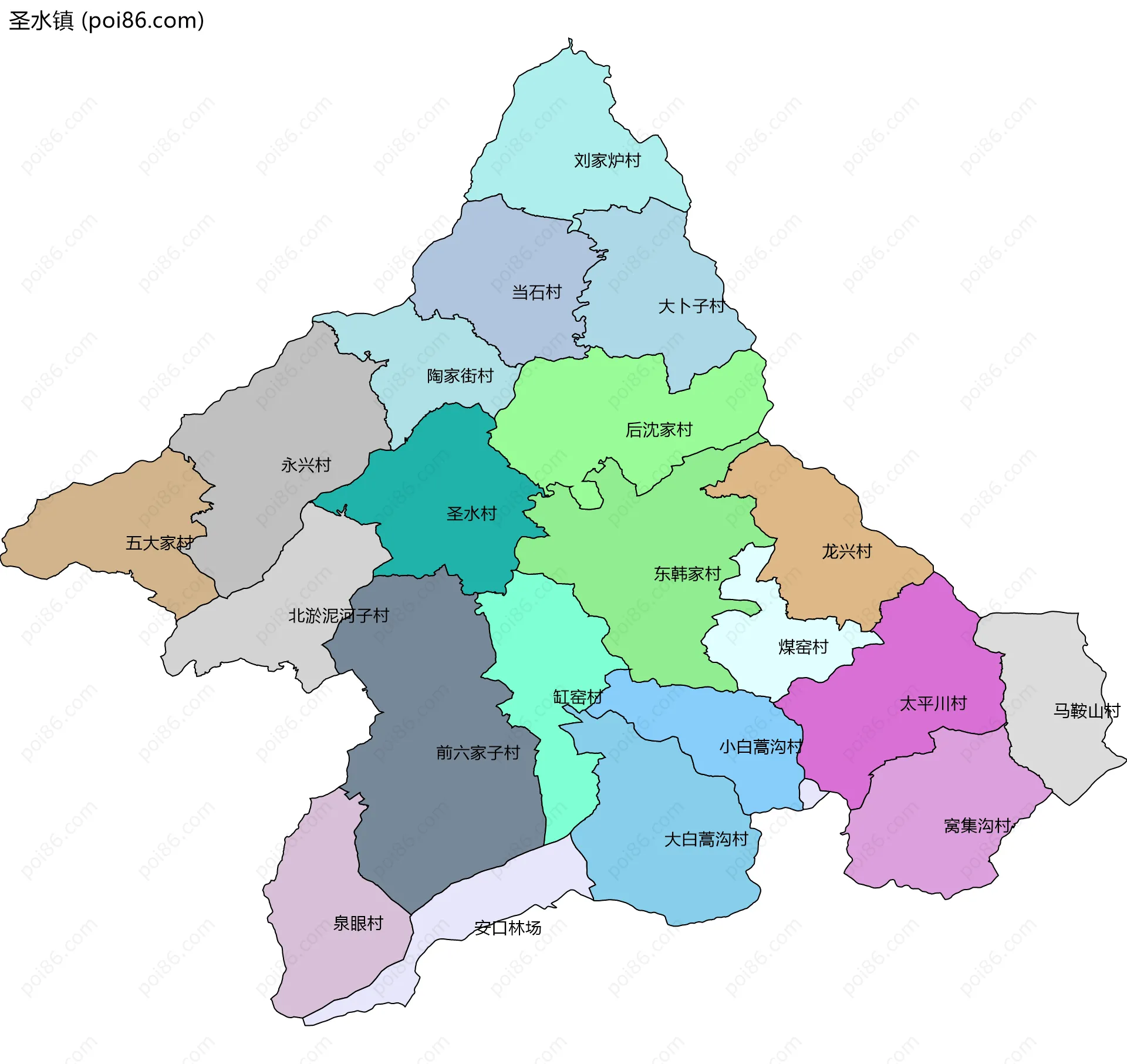 圣水镇边界地图(五级行政区划)