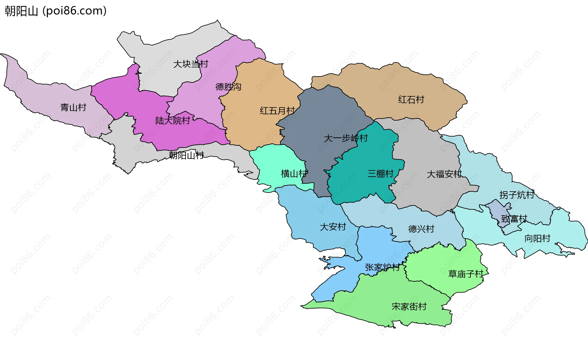 朝阳山边界地图(五级行政区划)