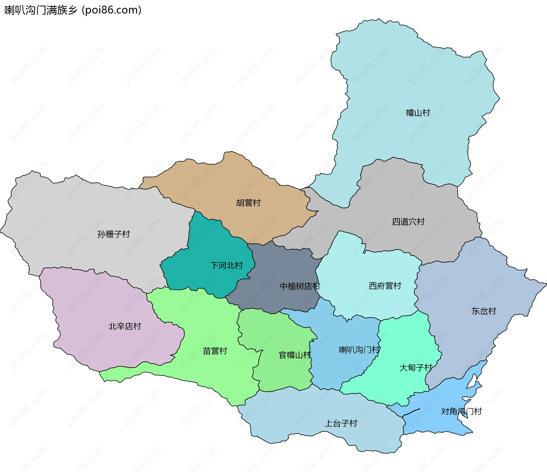 喇叭沟门满族乡边界地图(五级行政区划)