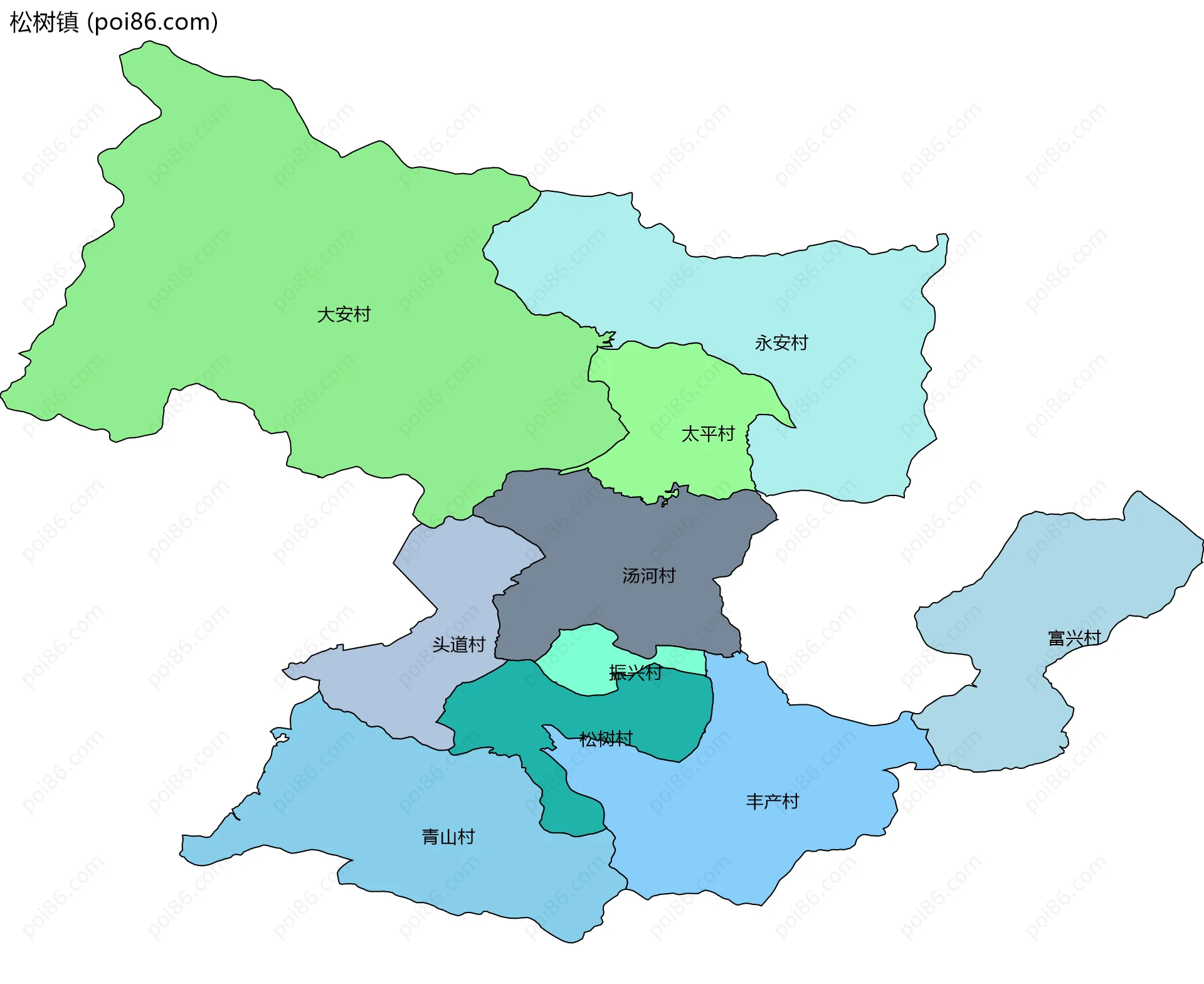 松树镇边界地图(五级行政区划)