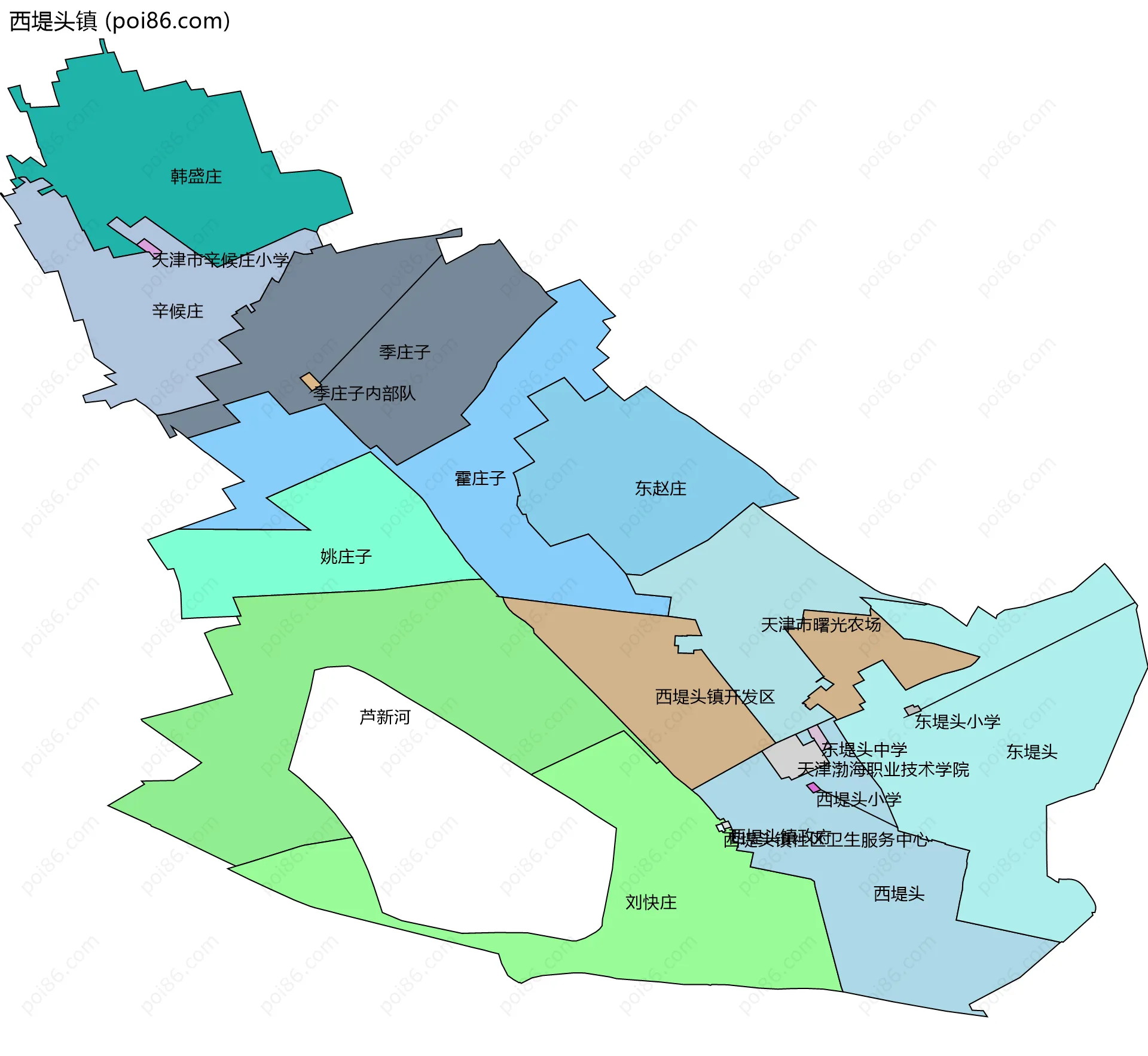 西堤头镇边界地图(五级行政区划)