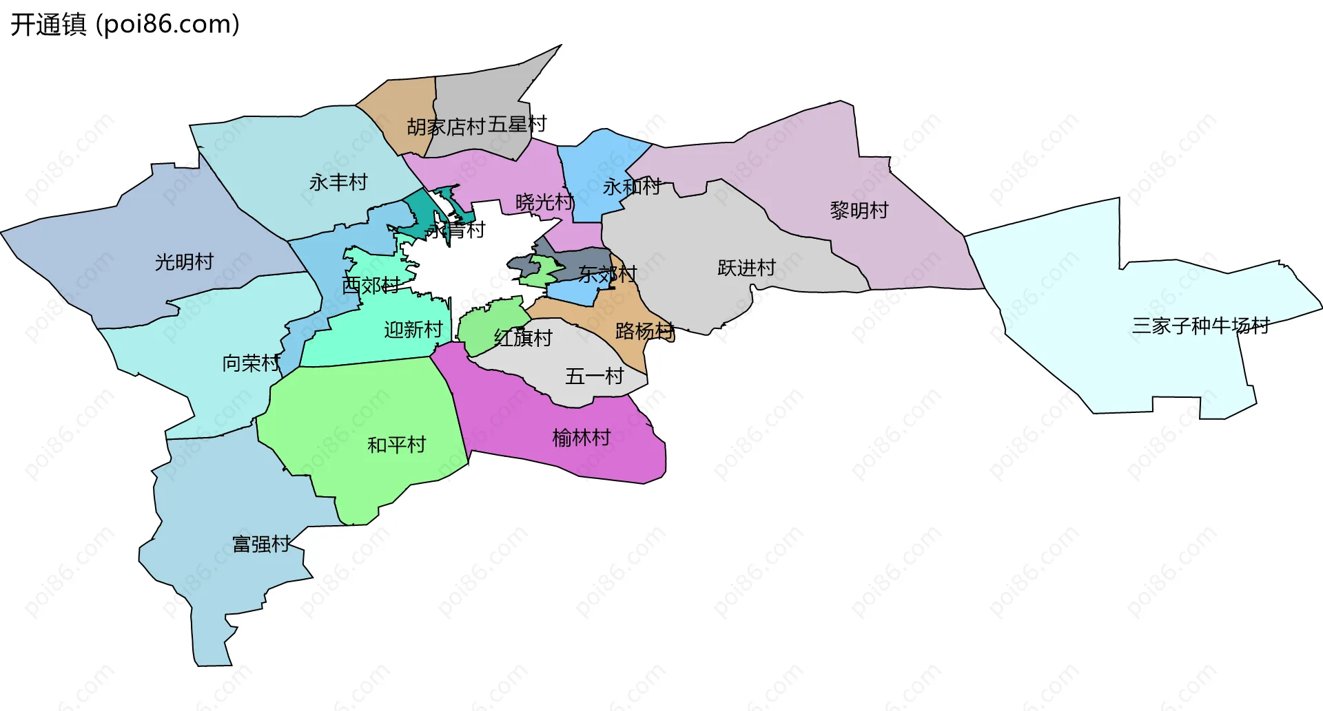 开通镇边界地图(五级行政区划)