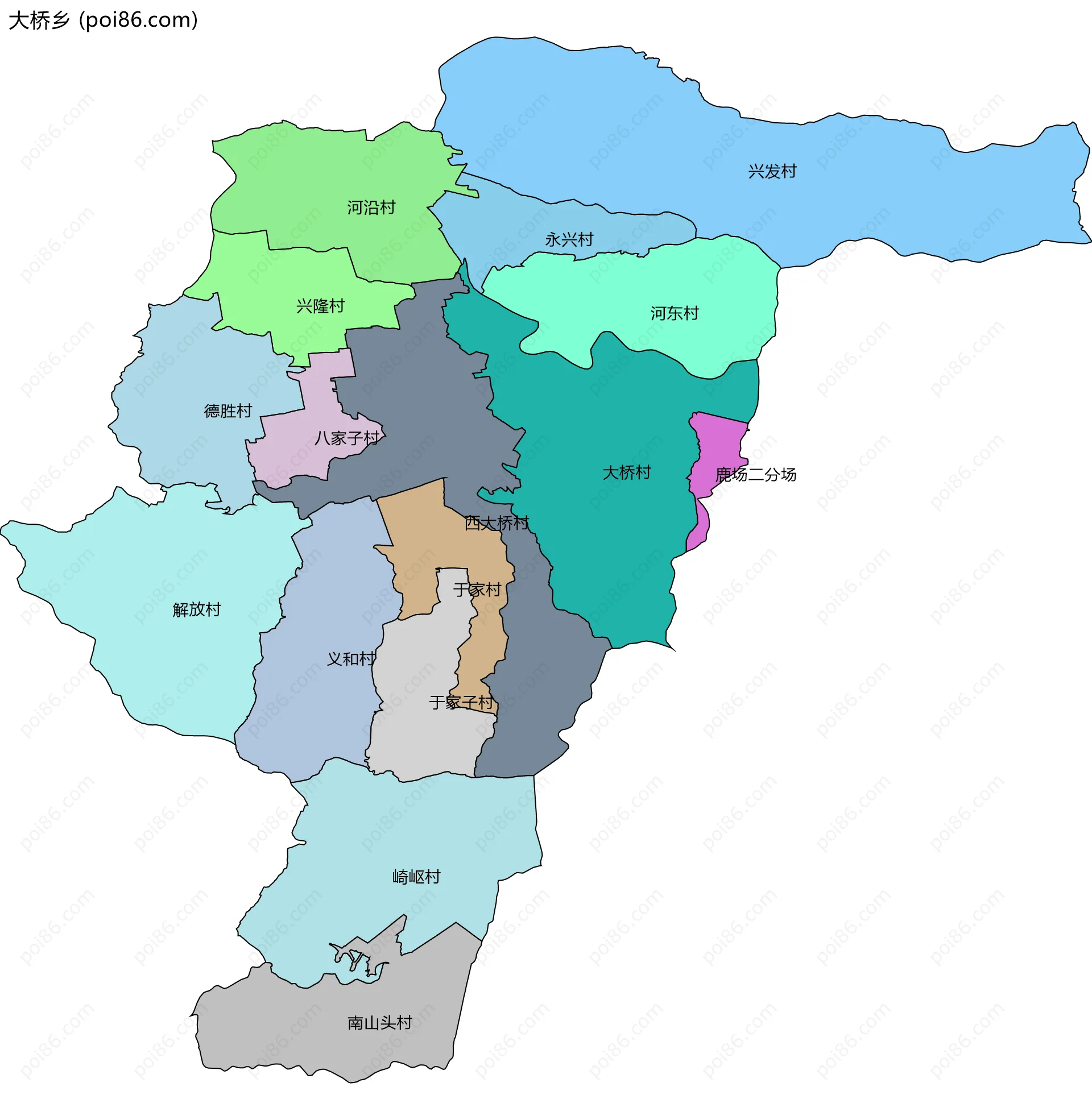 大桥乡边界地图(五级行政区划)