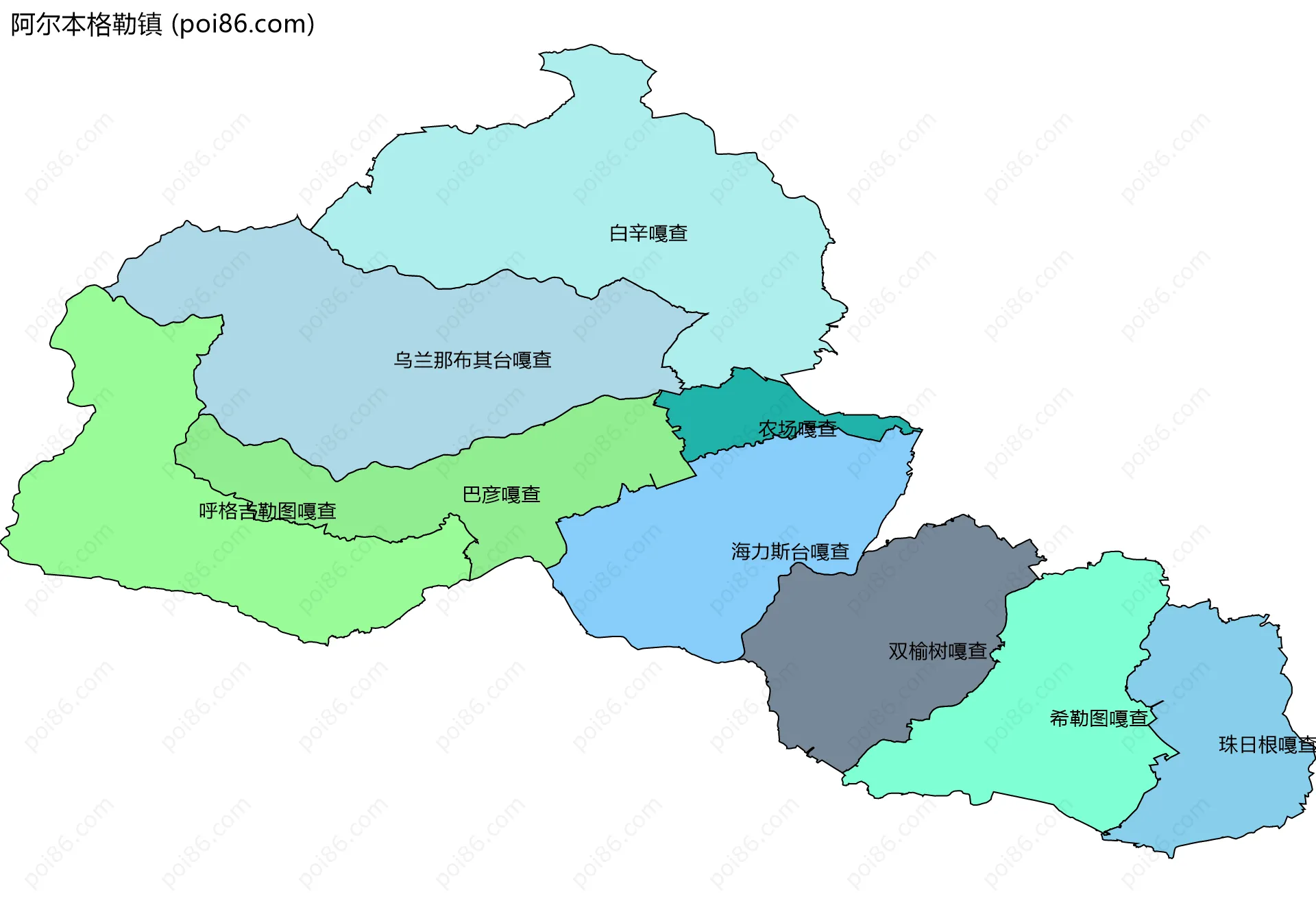 阿尔本格勒镇边界地图(五级行政区划)
