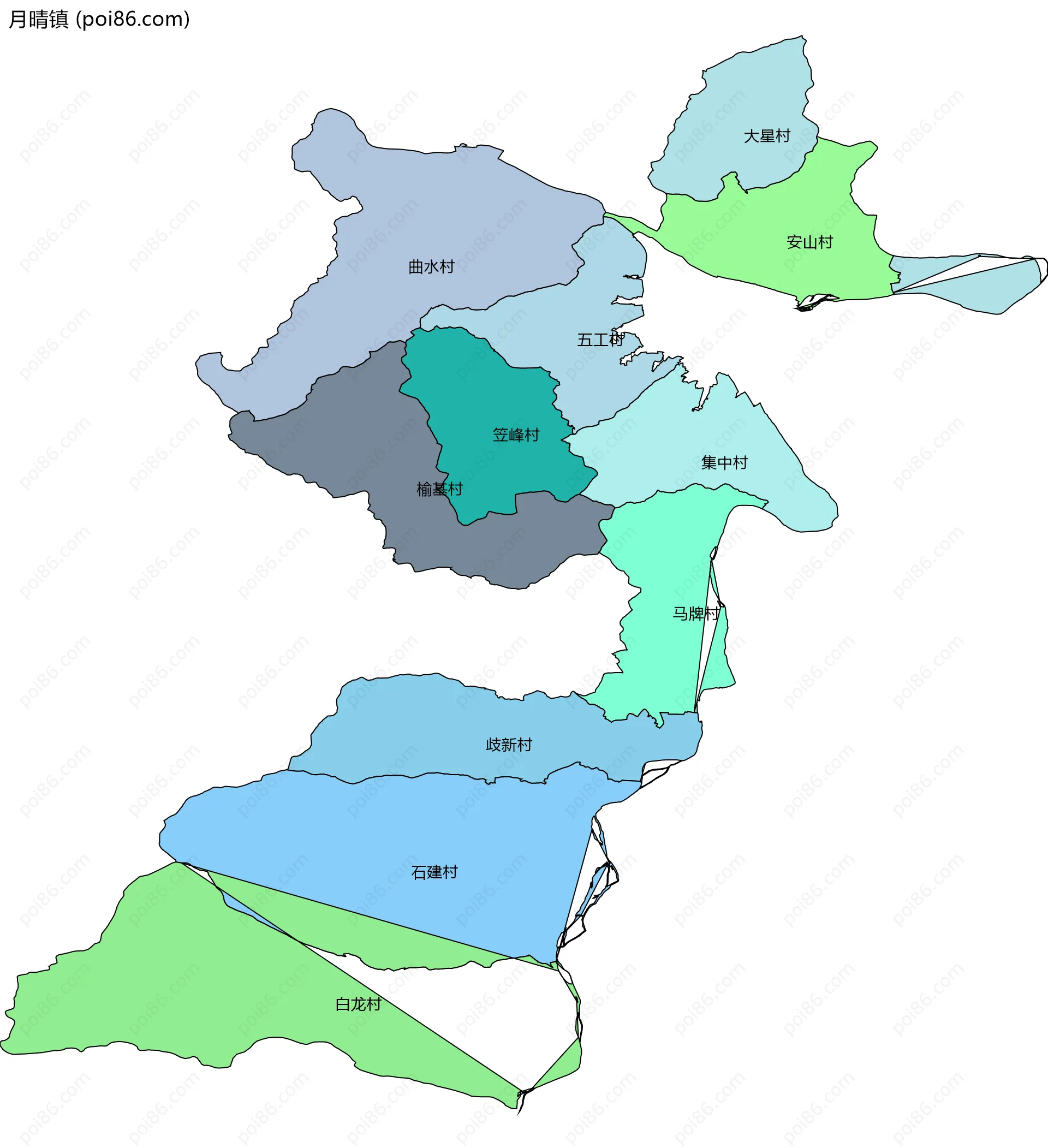 月晴镇边界地图(五级行政区划)