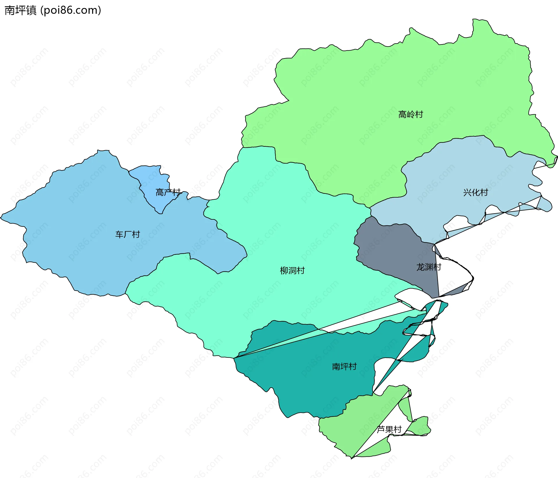 南坪镇边界地图(五级行政区划)