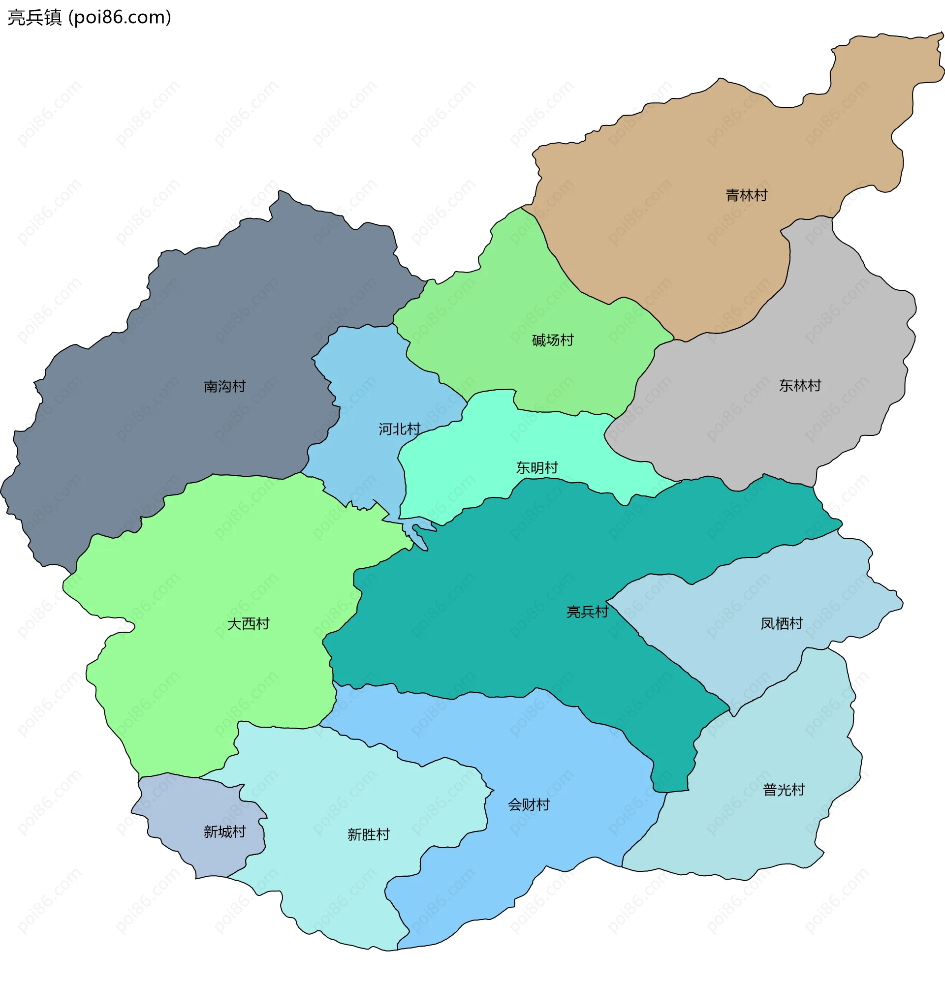 亮兵镇边界地图(五级行政区划)