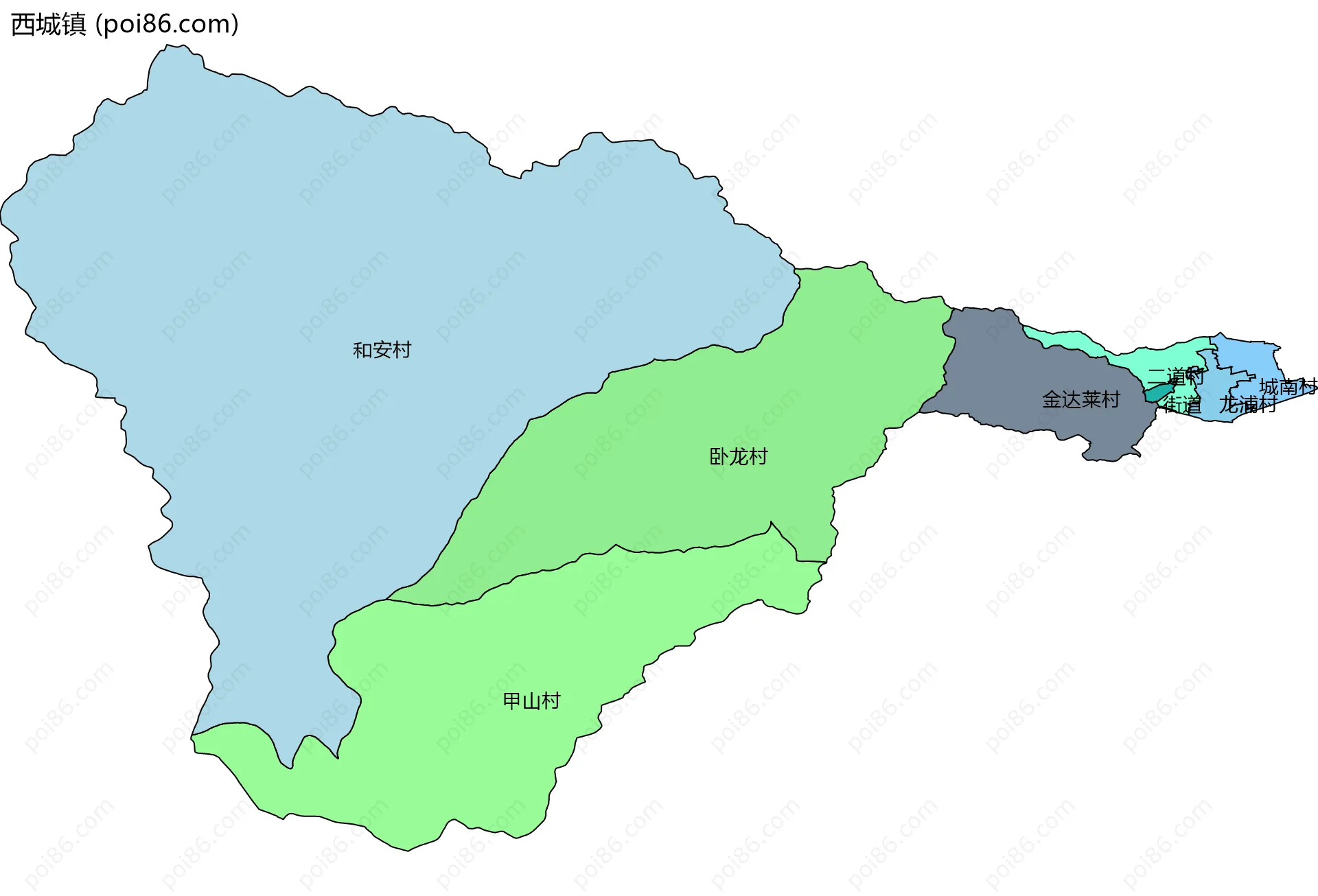西城镇边界地图(五级行政区划)