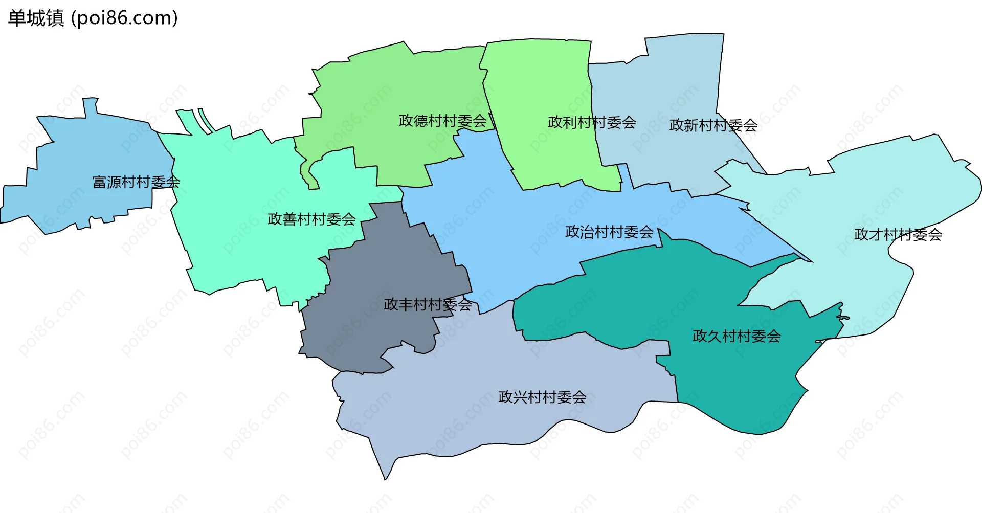单城镇边界地图(五级行政区划)